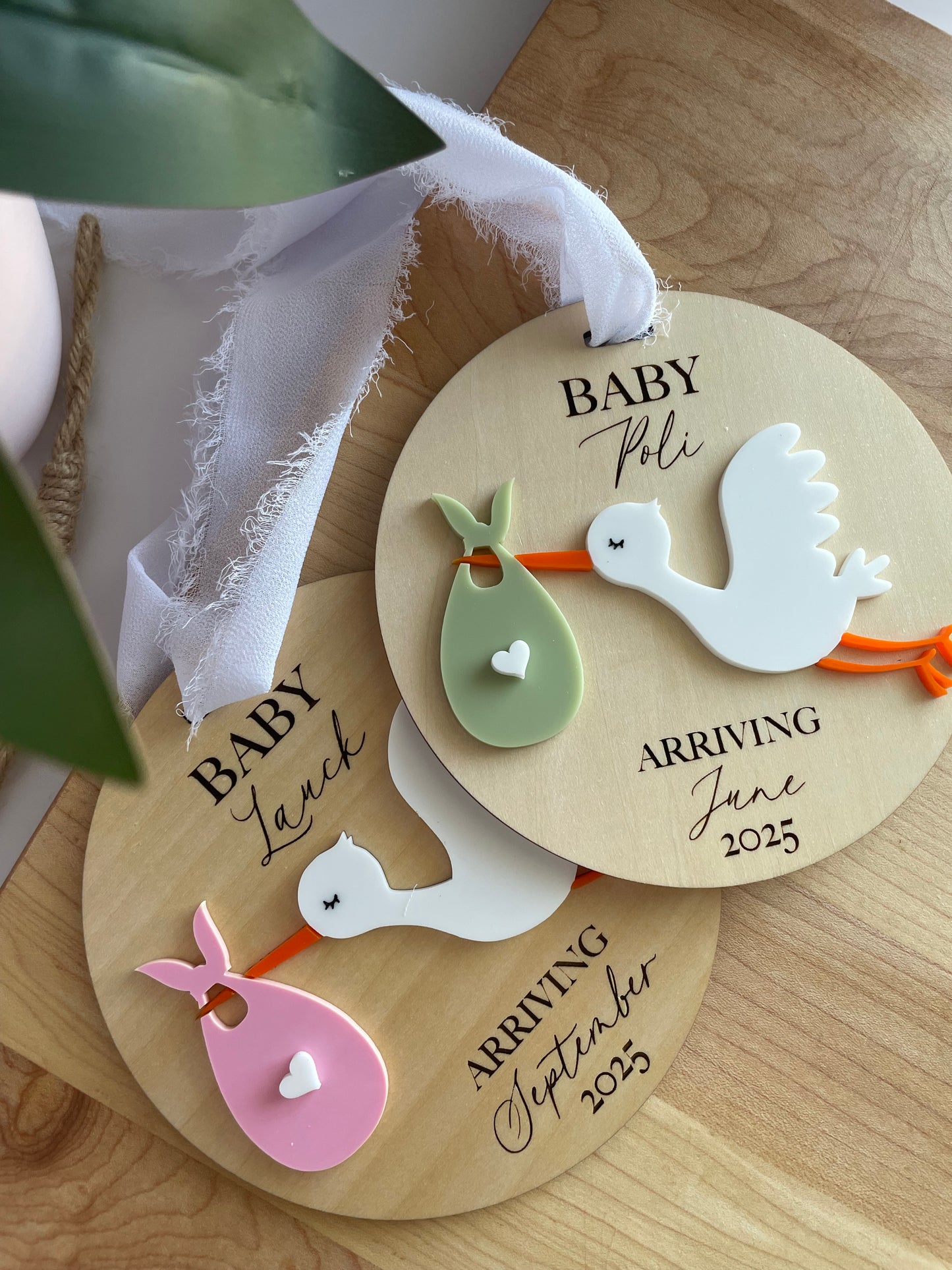 Arriving Baby Stork Wooden Gift Tag with Chiffon Ribbon