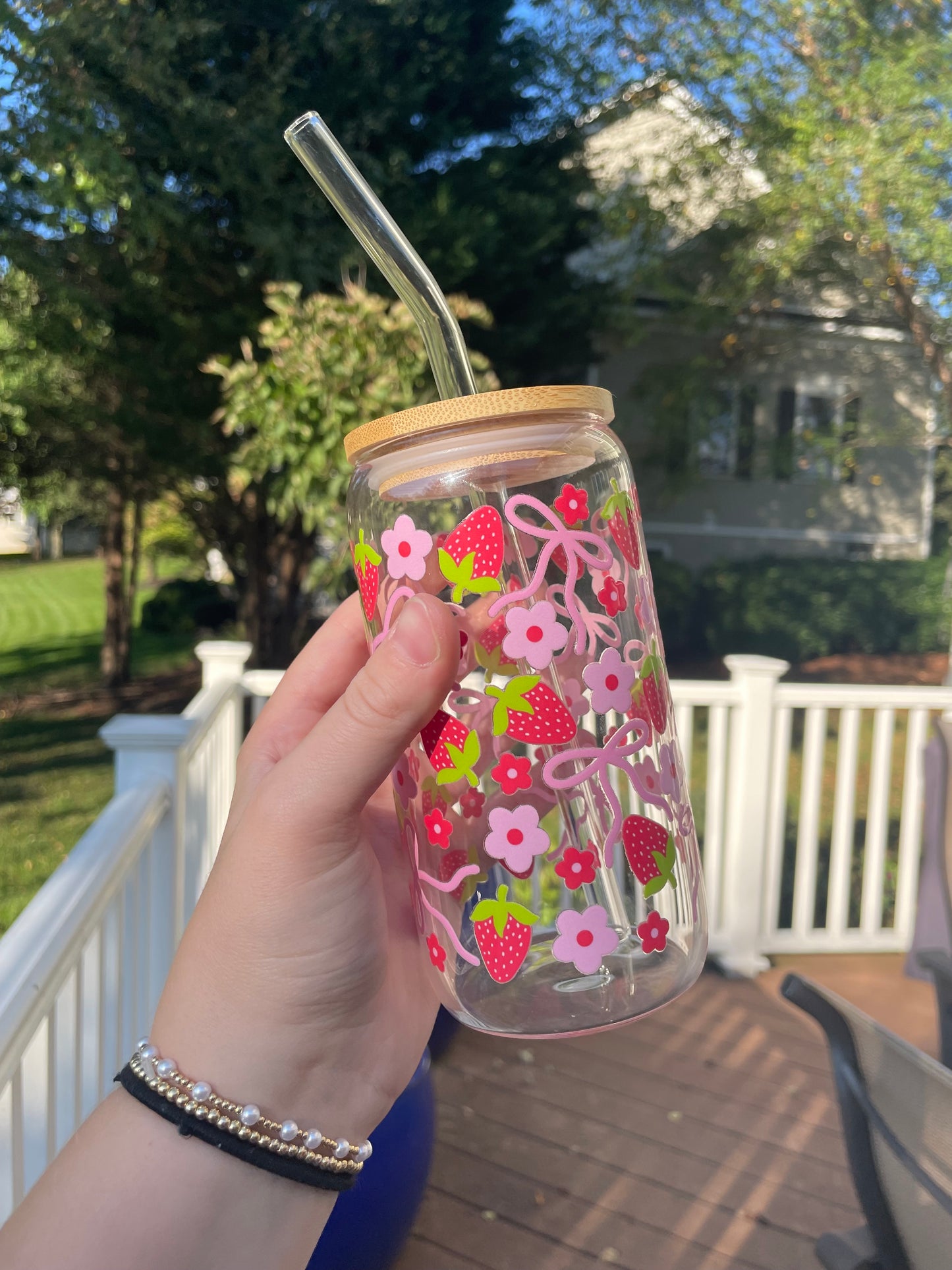 Strawberries and Pink Bows Cute Glass Cup with Bamboo Lid and Glass Straw