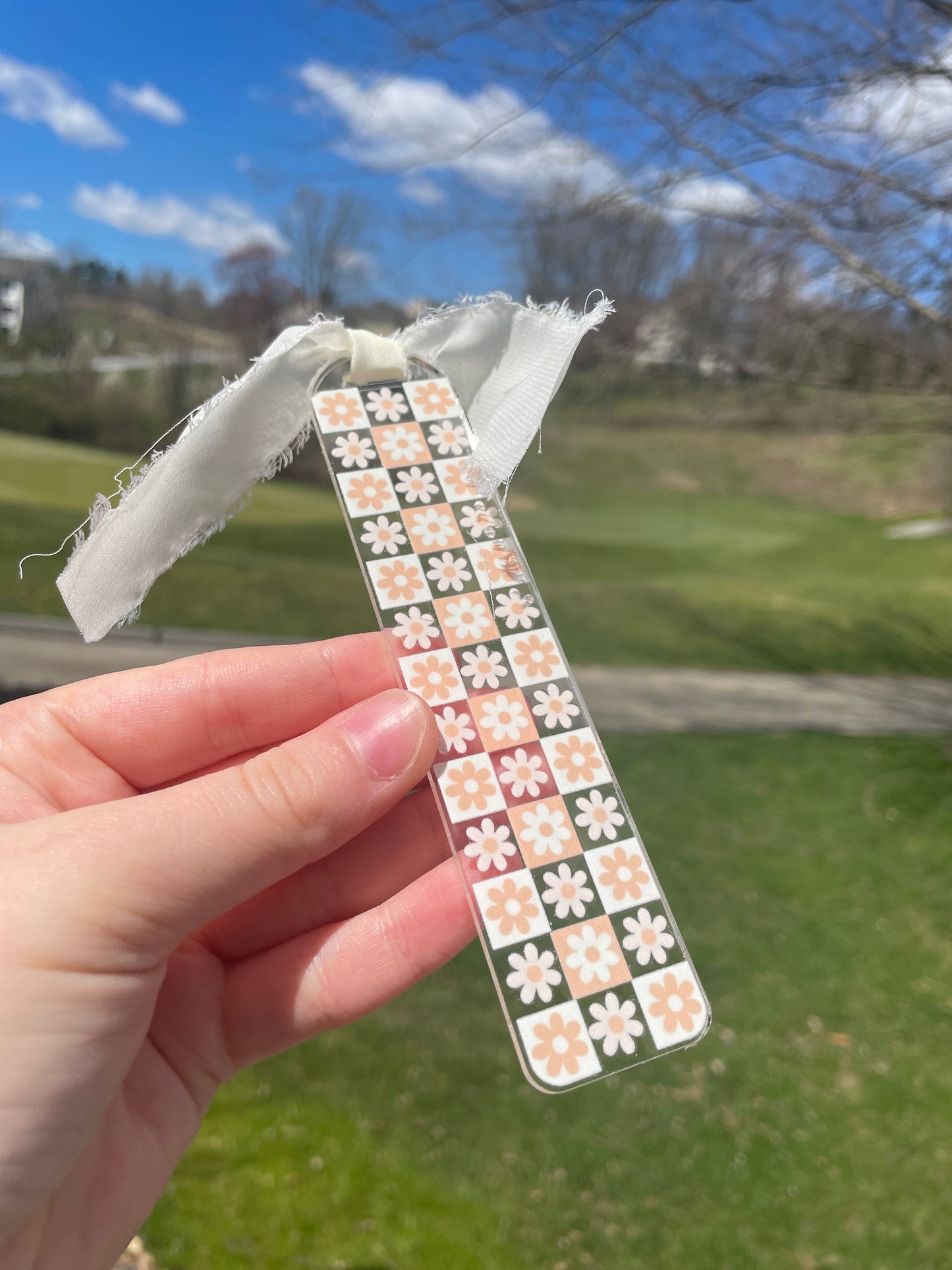 Orange and White Checkered Flowers Clear Acrylic Bookmark with Chiffon Ribbon
