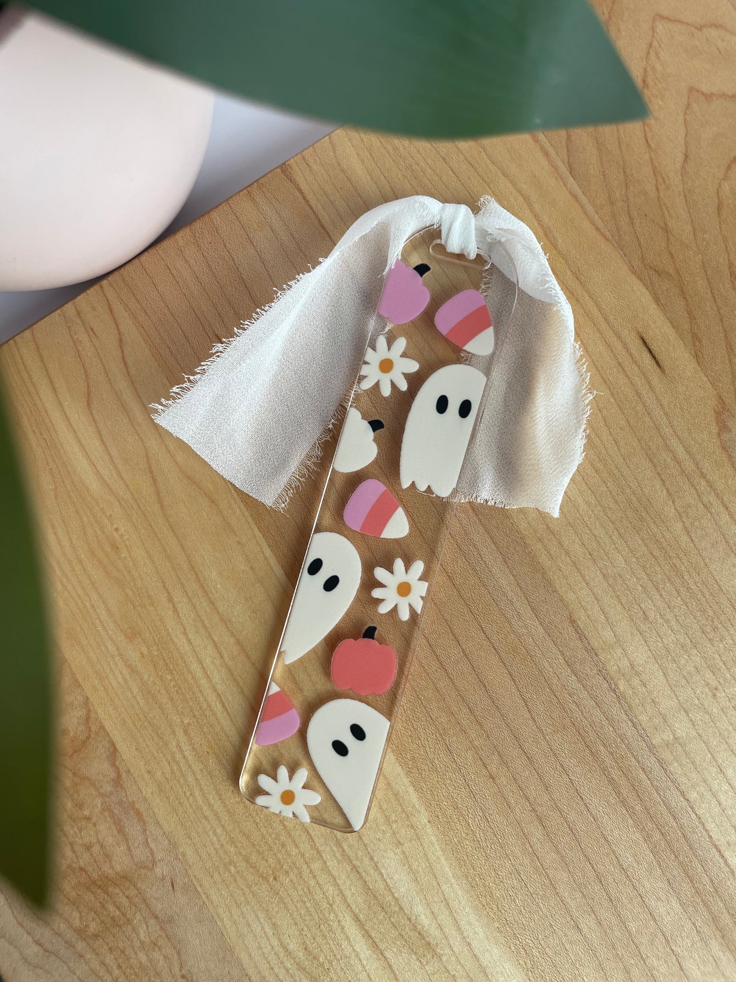Ghosts and Candy Corn Clear Acrylic Bookmark with Chiffon Ribbon