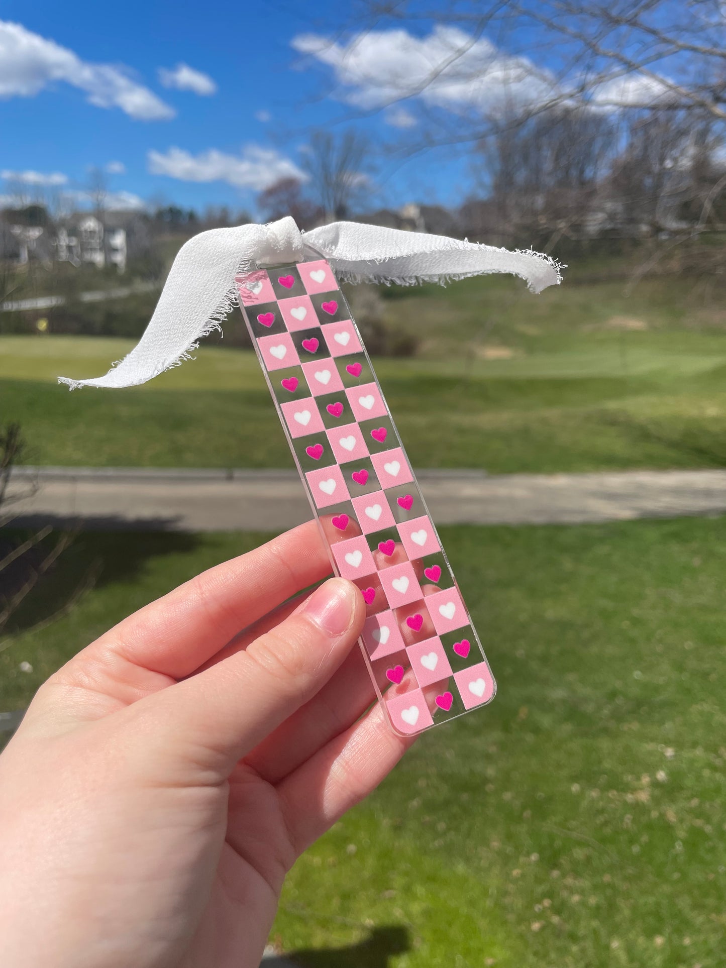 Pink and Red Checkered Hearts Clear Acrylic Bookmark with Chiffon Ribbon