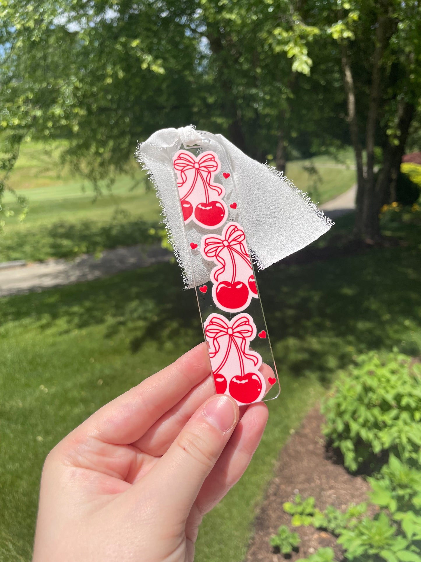 Coquette Cherries and Bows Clear Acrylic Bookmark with Chiffon Ribbon