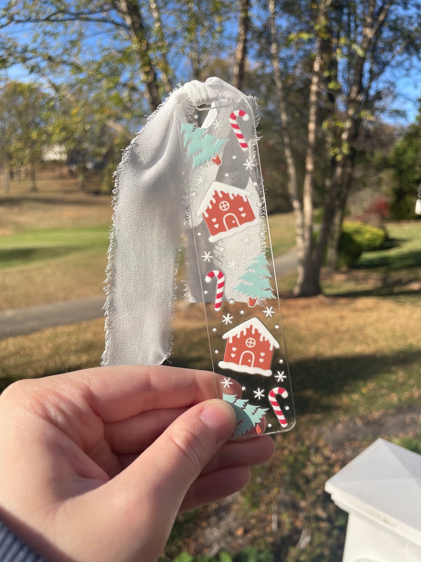 Gingerbread Houses and Snowy Trees Clear Acrylic Bookmark with Chiffon Ribbon
