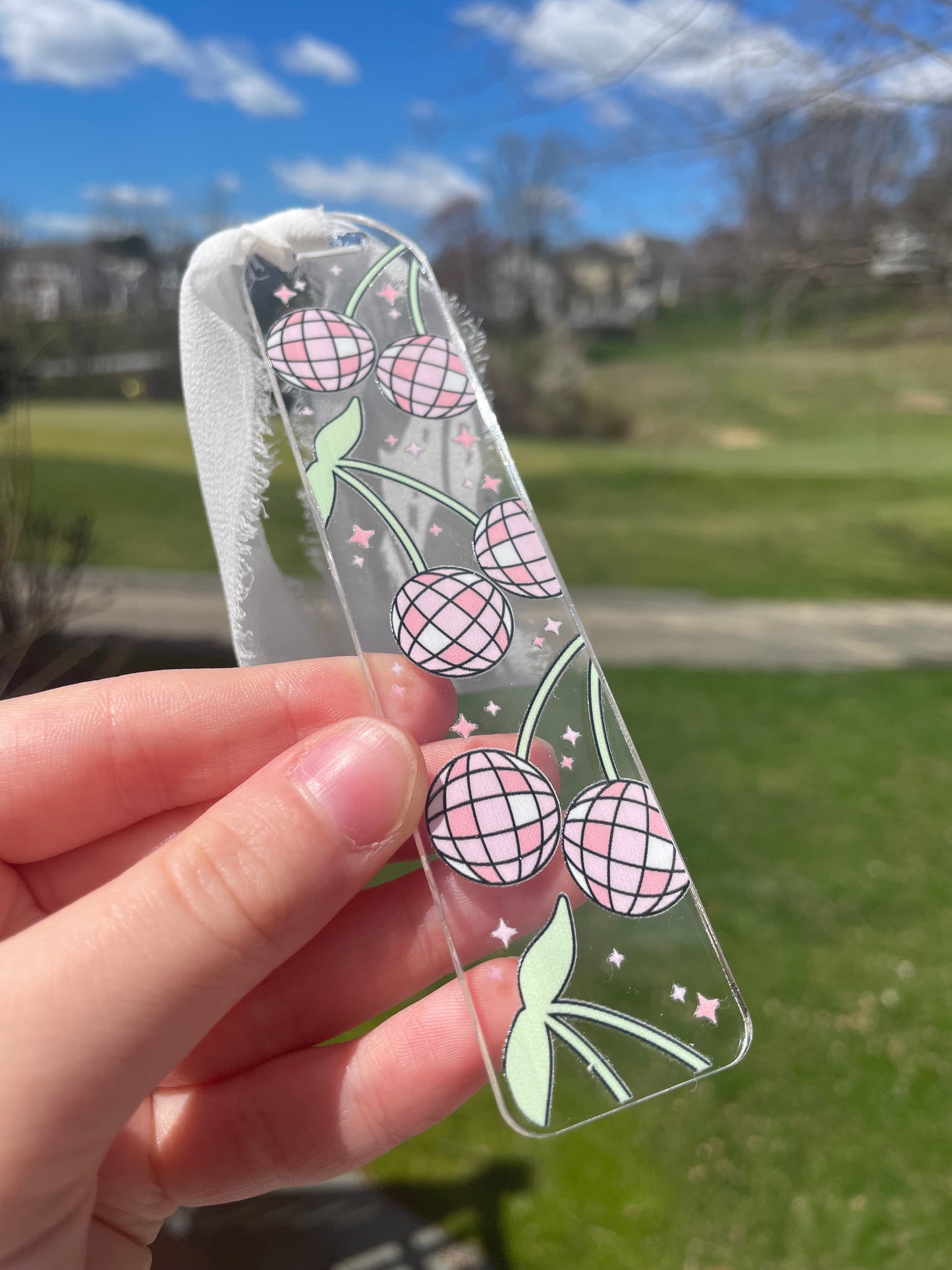Disco Ball Cherries Clear Acrylic Bookmark with Chiffon Ribbon