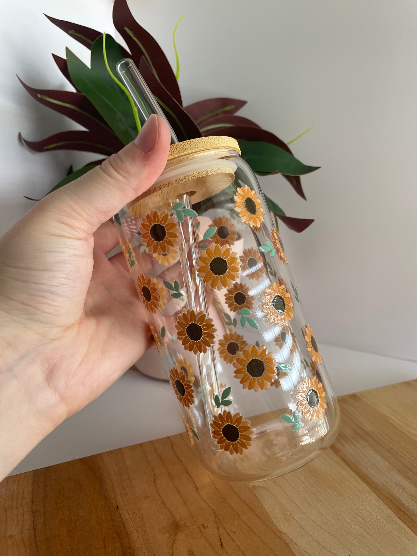 Blooming Sunflowers Glass Cup with Bamboo Lid and Glass Straw