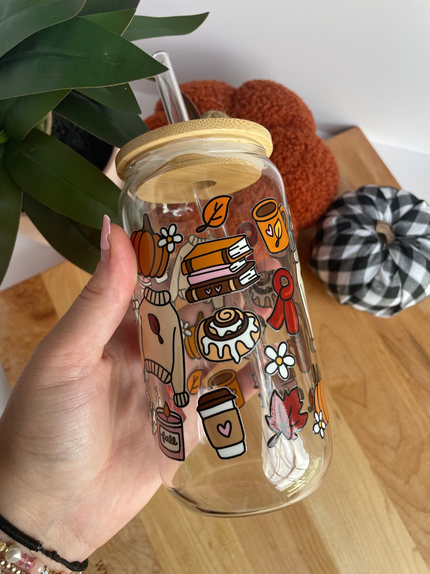 Cozy Fall Girlie Glass Cup with Bamboo Lid and Glass Straw
