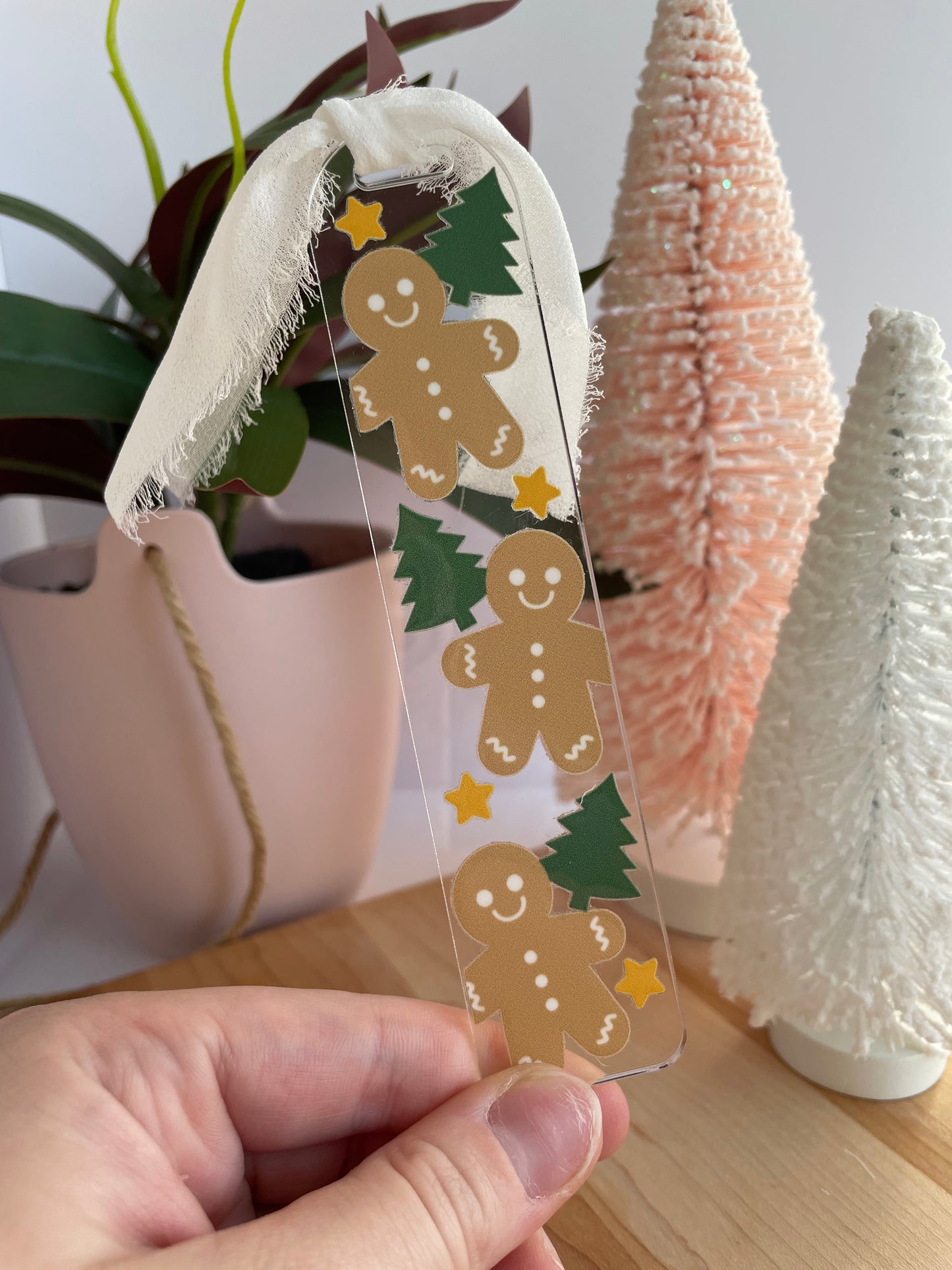 Stars, Gingerbread, and Trees Clear Acrylic Bookmark with Chiffon Ribbon