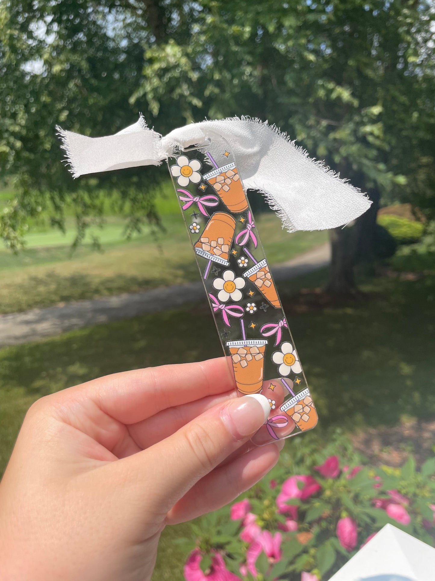 Iced Coffee Girly Clear Acrylic Bookmark with Chiffon Ribbon