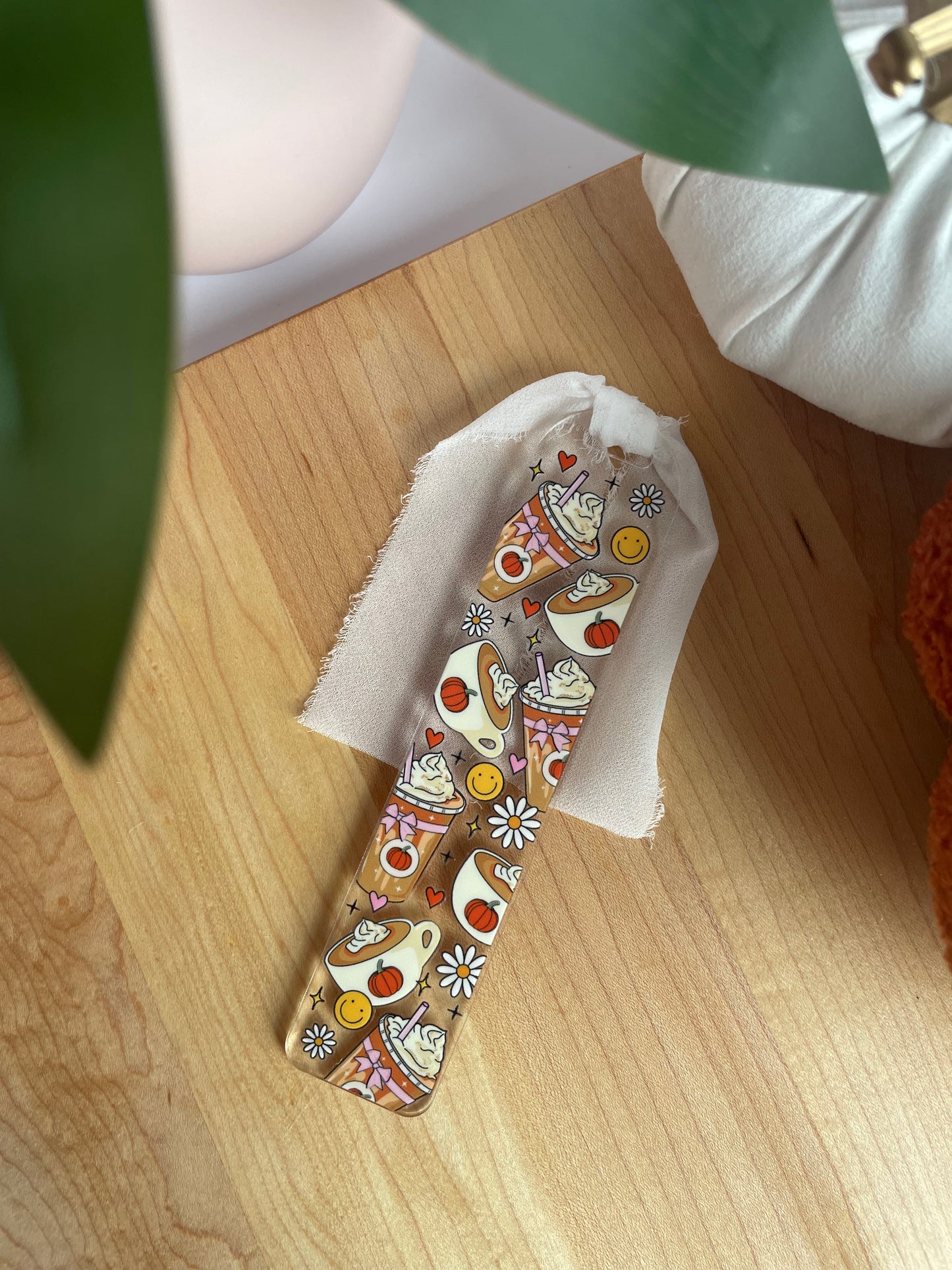 Happy Fall Coffee Shop Clear Acrylic Bookmark with Chiffon Ribbon