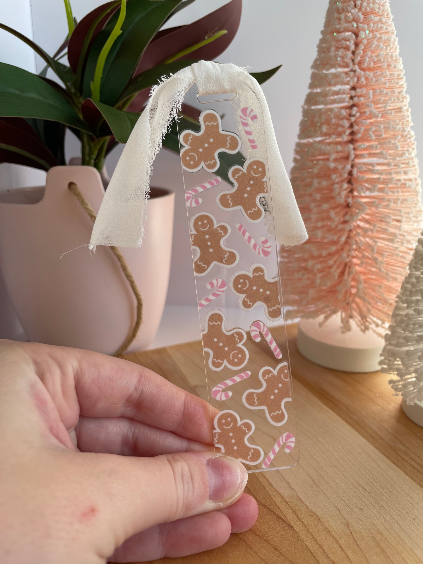 Gingerbread Cookies and Pink Candy Canes Clear Acrylic Bookmark with Chiffon Ribbon