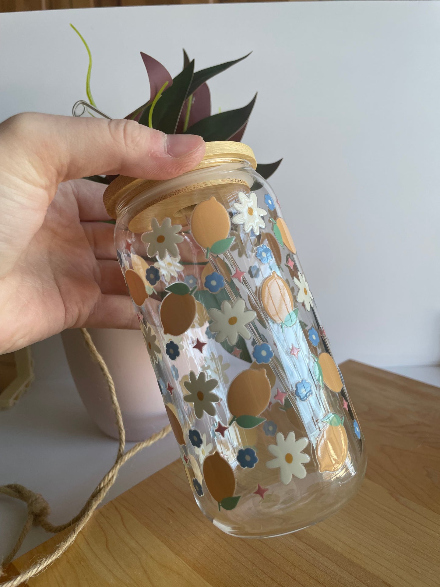 Flowers and Lemons Glass Cup with Bamboo Lid and Glass Straw