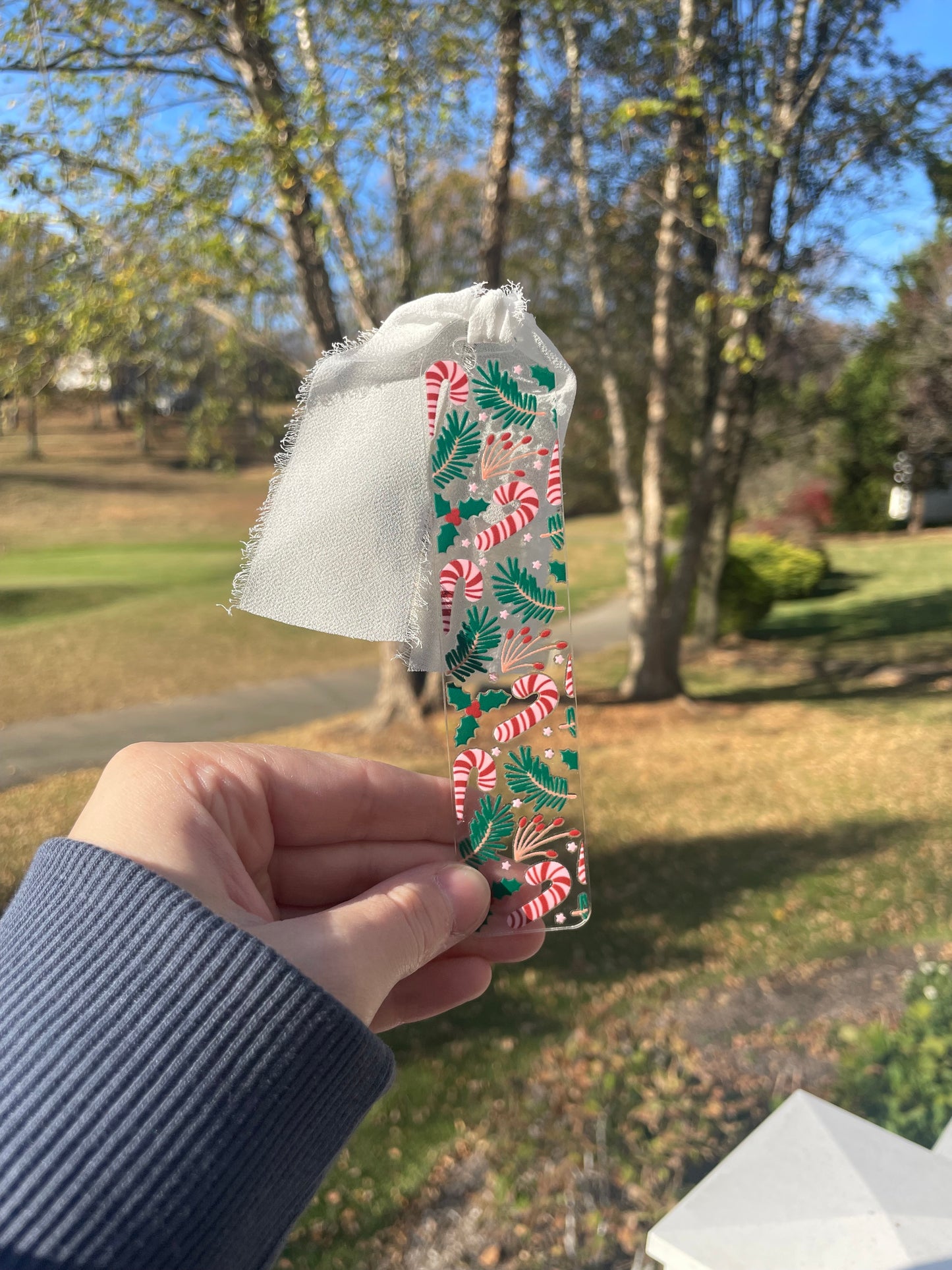 Candy Canes and Greenery Clear Acrylic Bookmark with Chiffon Ribbon