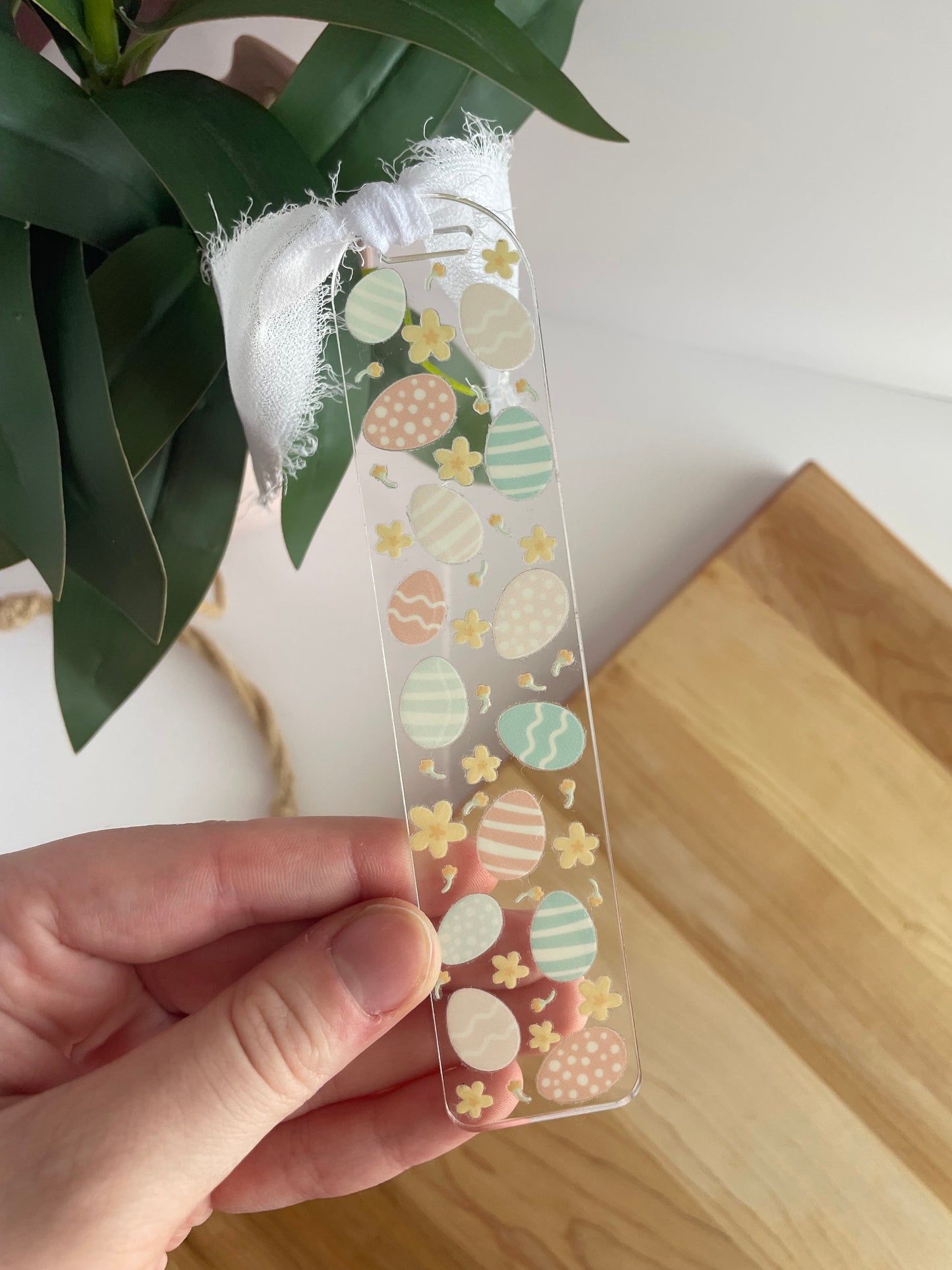 Pastel Easter Eggs Clear Acrylic Bookmark with Chiffon Ribbon