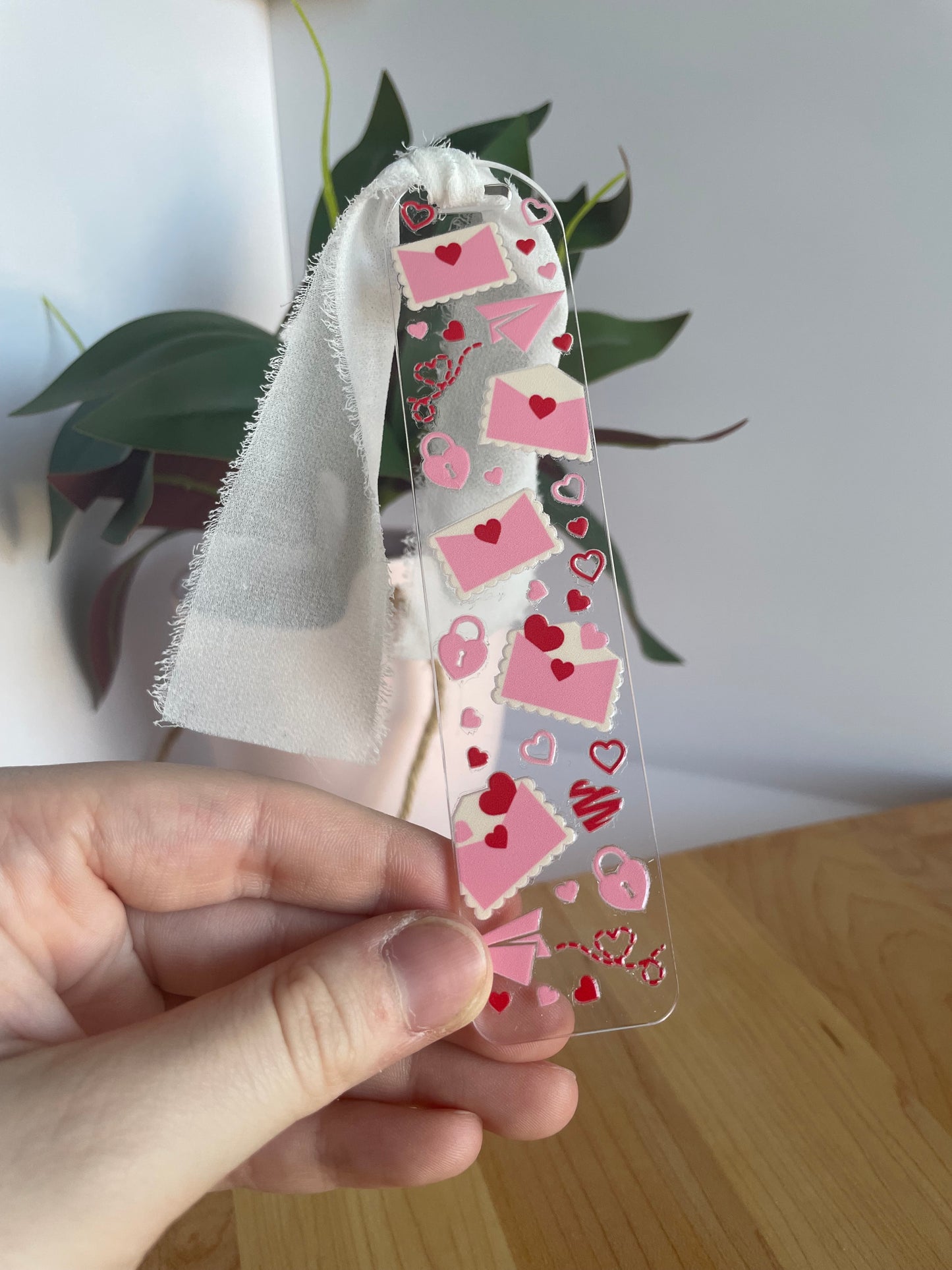 Love Letters Clear Acrylic Bookmark with Chiffon Ribbon