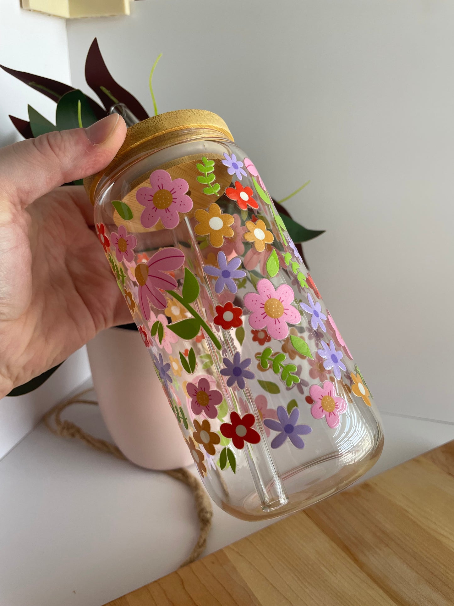 Spring Florals Glass Cup with Bamboo Lid and Glass Straw