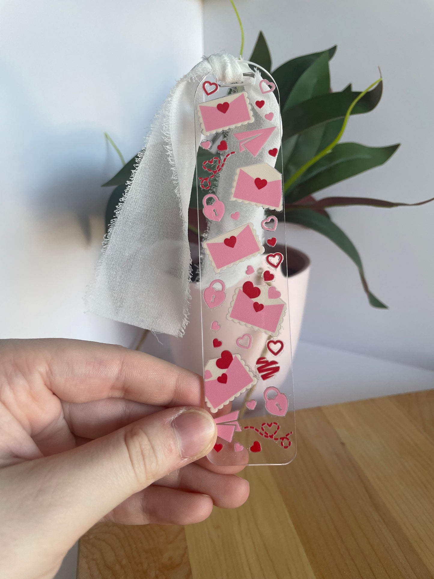 Love Letters Clear Acrylic Bookmark with Chiffon Ribbon