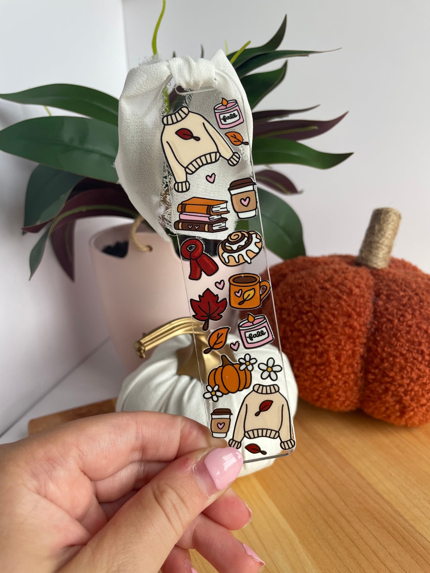 Cozy Fall Girl Clear Acrylic Bookmark with Chiffon Ribbon