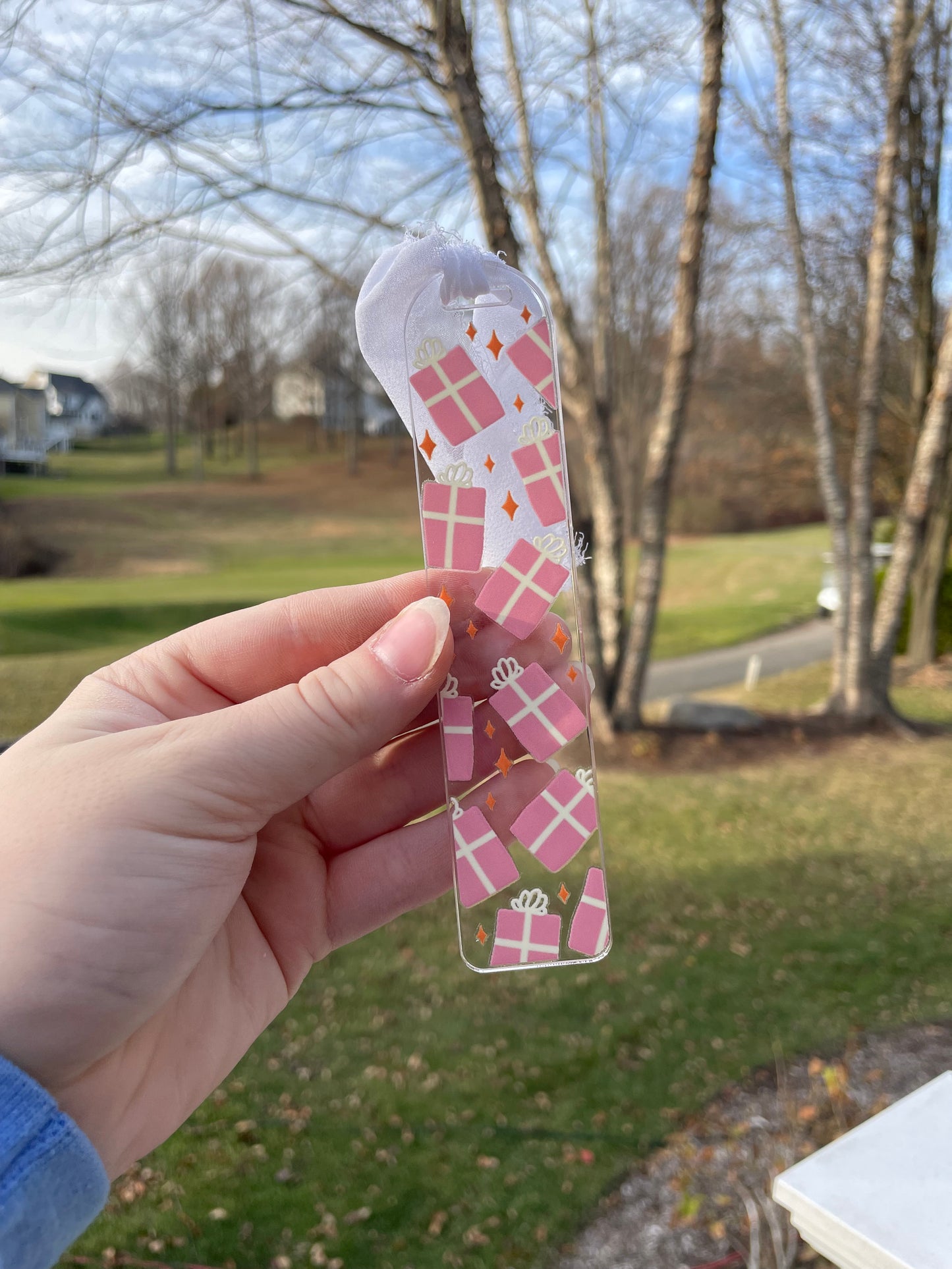 Pretty Pink Presents Holiday Clear Acrylic Bookmark with Chiffon Ribbon