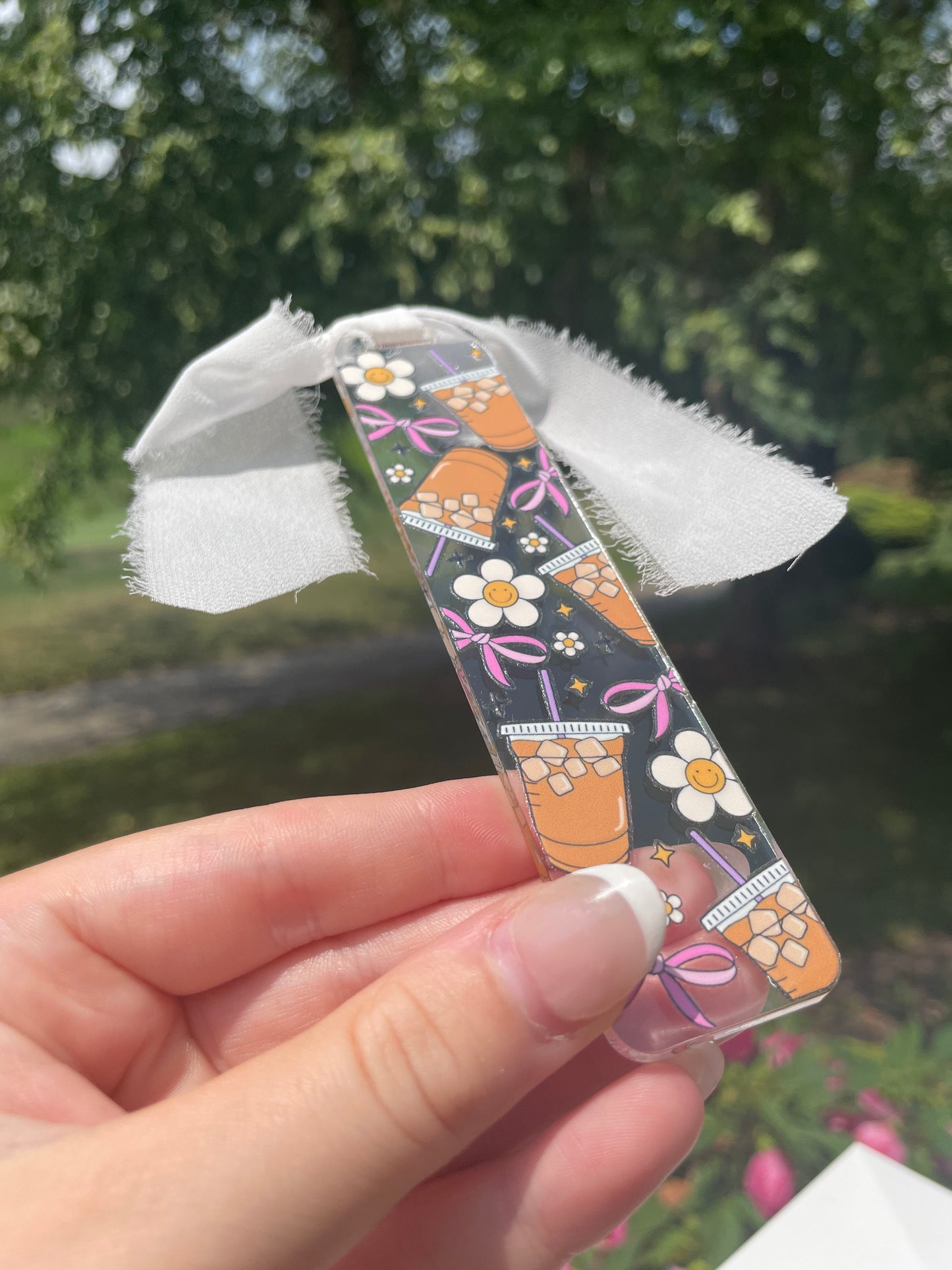 Iced Coffee Girly Clear Acrylic Bookmark with Chiffon Ribbon