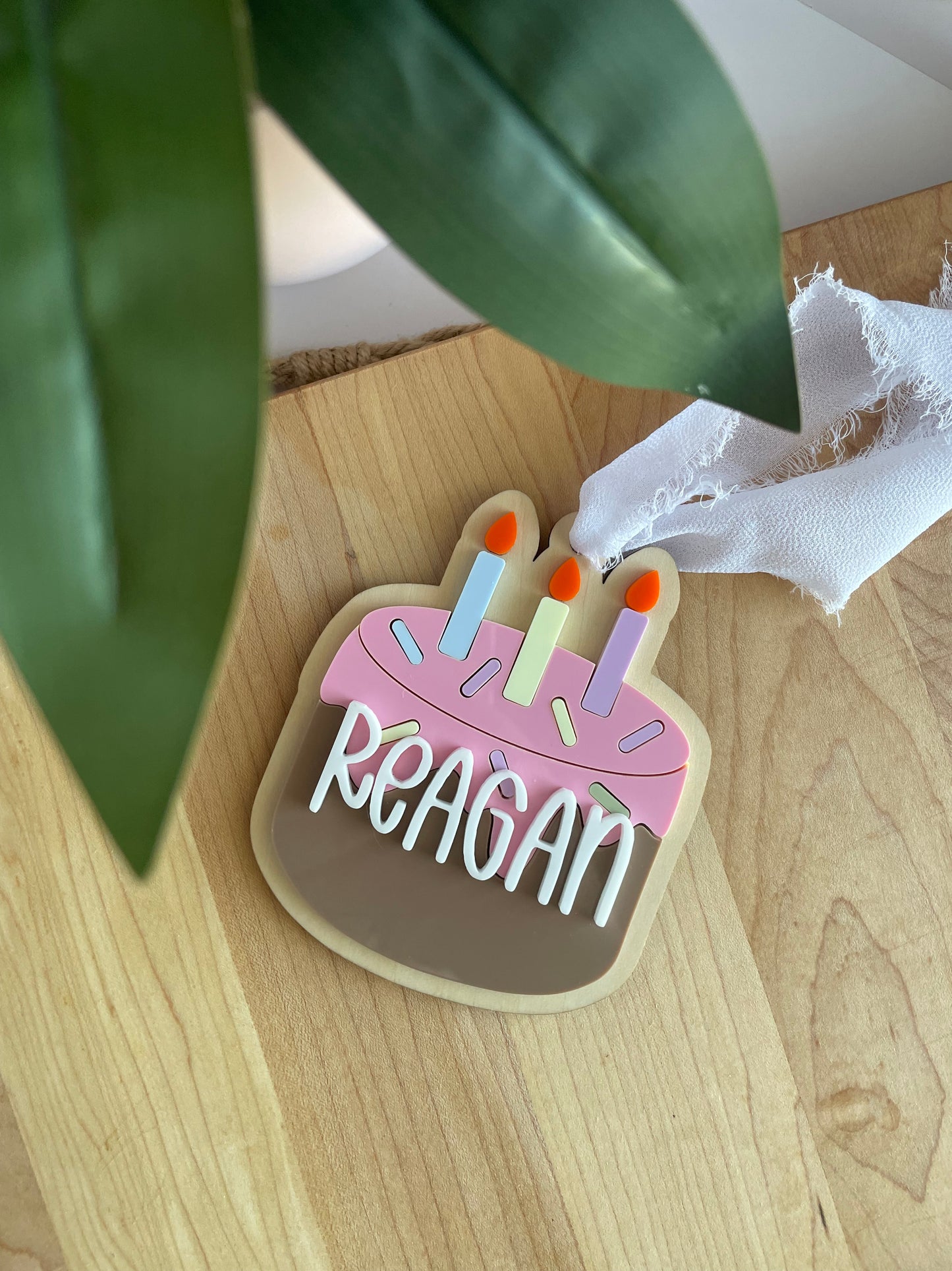 Birthday Cake Acrylic Gift Tag with Chiffon Ribbon