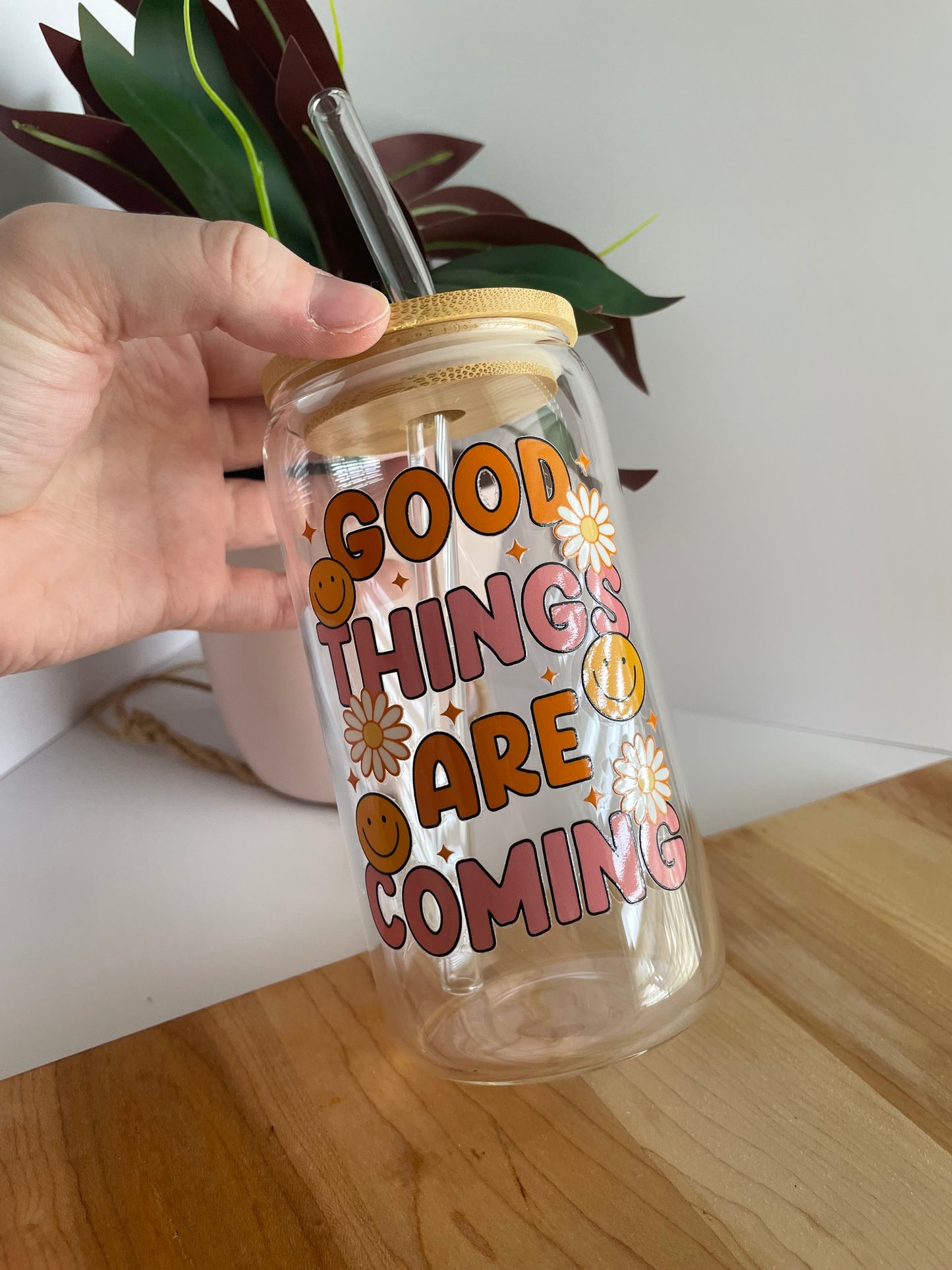 Good Things Are Coming Flowers and Smileys Glass Cup with Bamboo Lid and Glass Straw