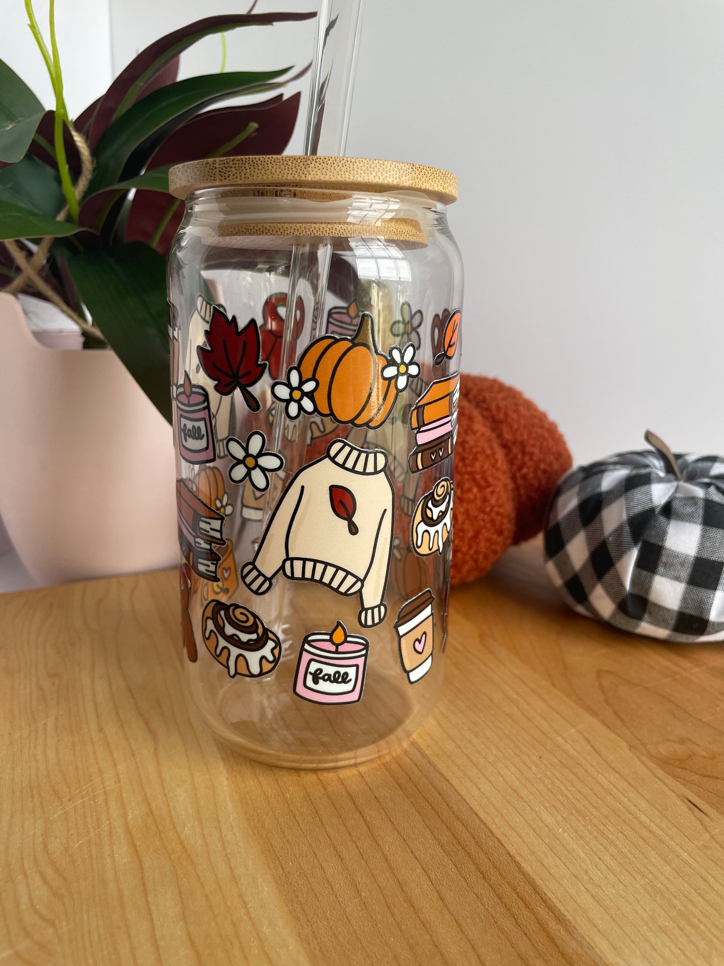 Cozy Fall Girlie Glass Cup with Bamboo Lid and Glass Straw
