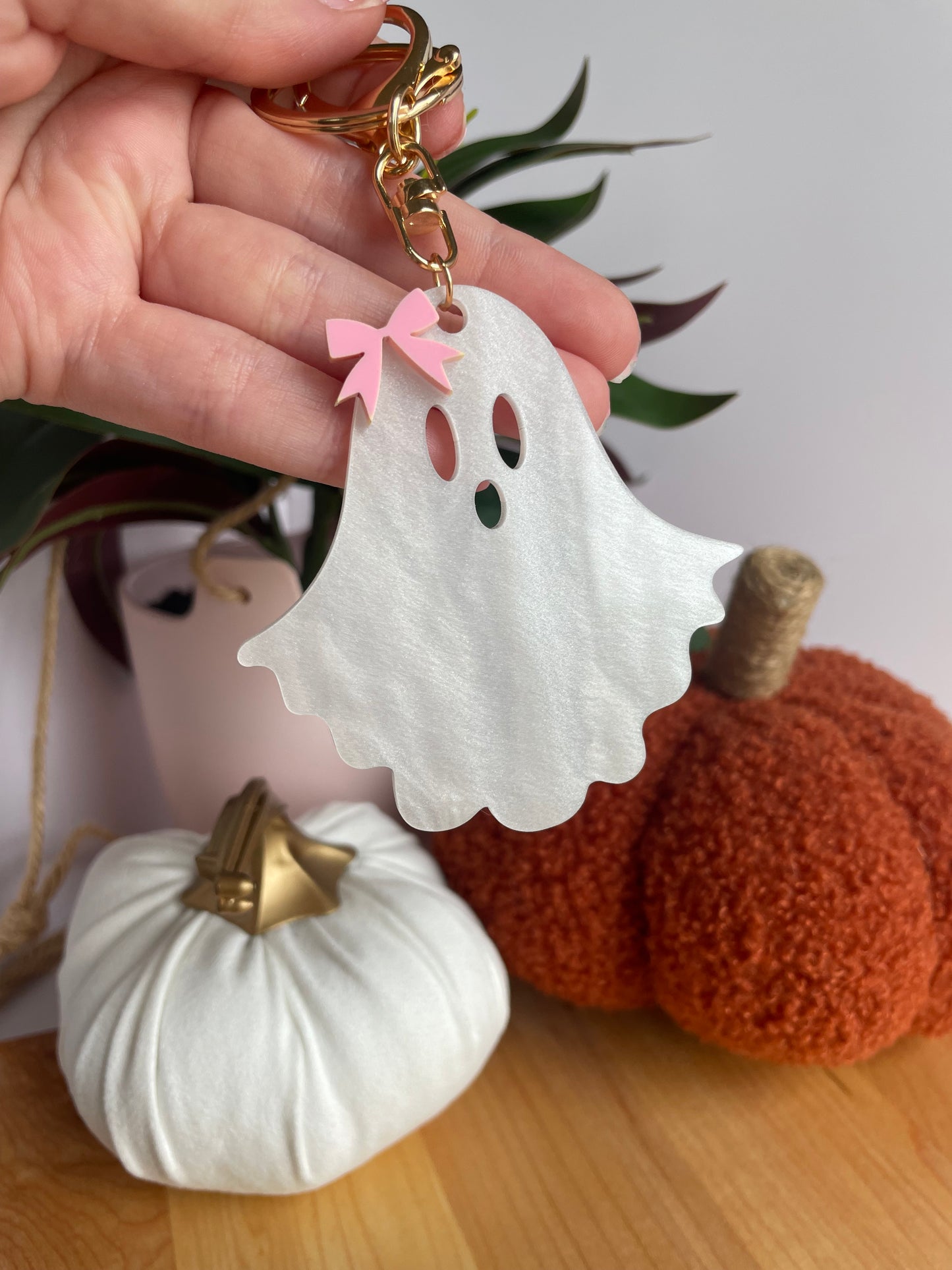 Pearl White Ghostie Bow Keychain with Gold Features by