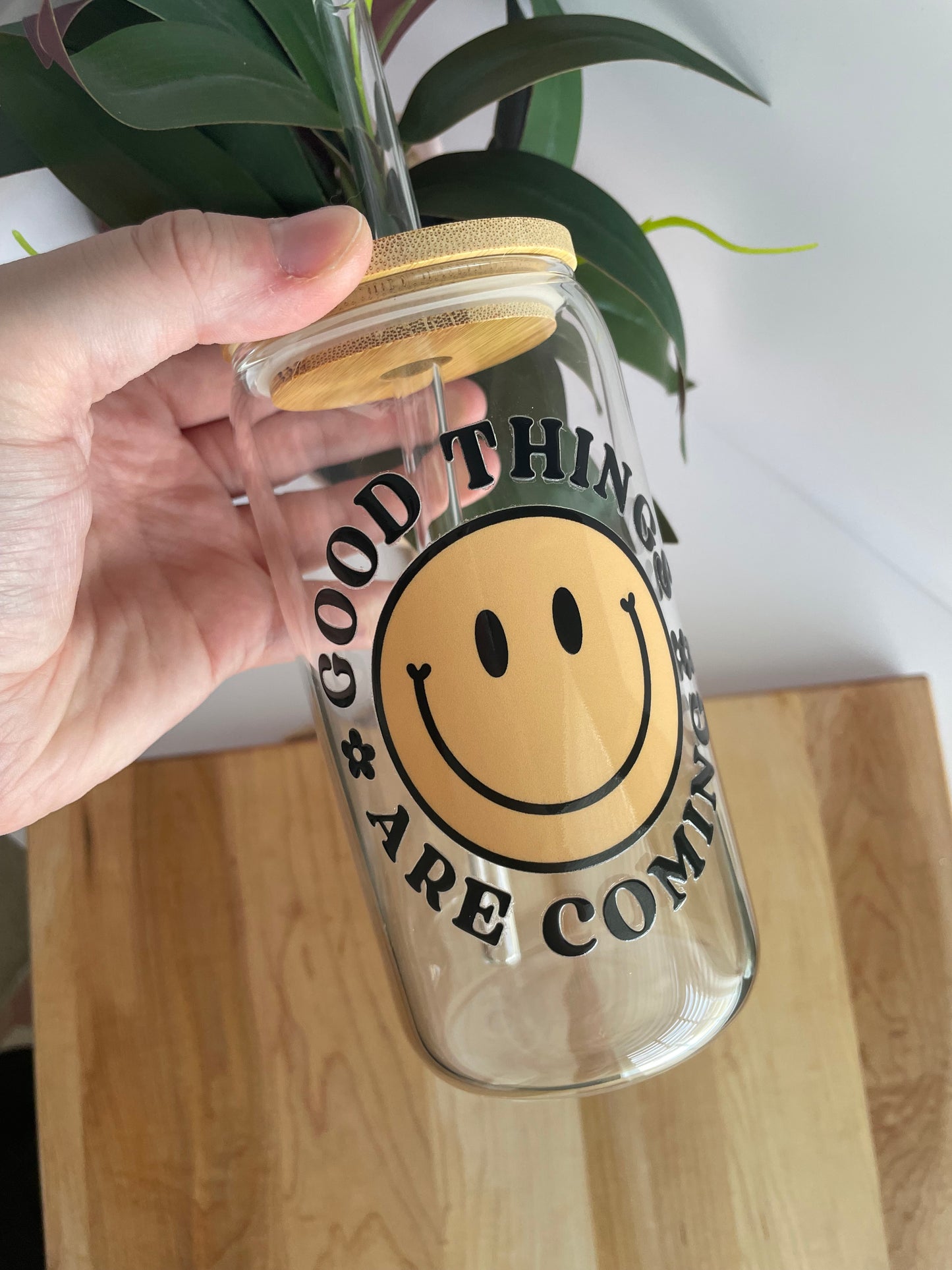 Good Things Are Coming Smiley Face Glass Cup with Bamboo Lid and Glass Straw