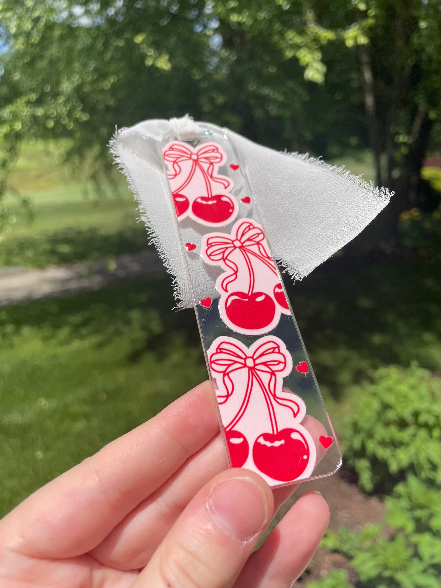 Coquette Cherries and Bows Clear Acrylic Bookmark with Chiffon Ribbon