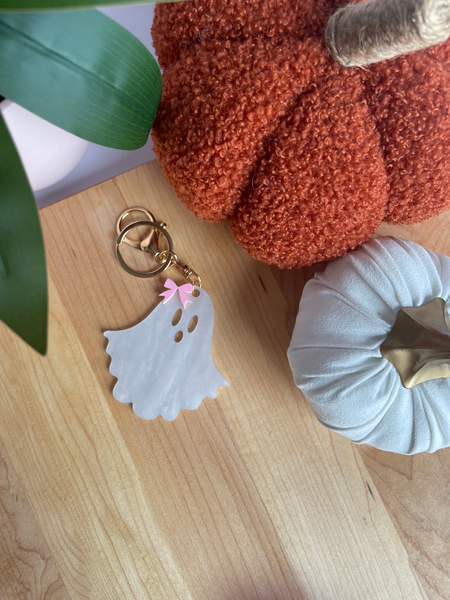 Pearl White Ghostie Bow Keychain with Gold Features by