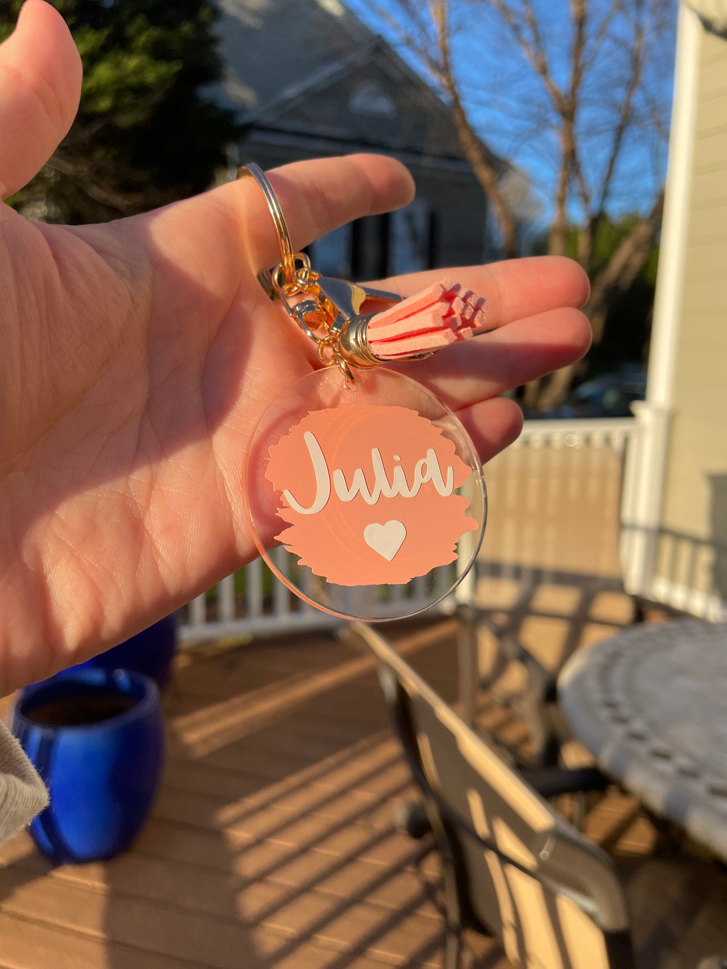 Custom Name Painted Circle Acrylic Keychain with Tassel and Gold Features