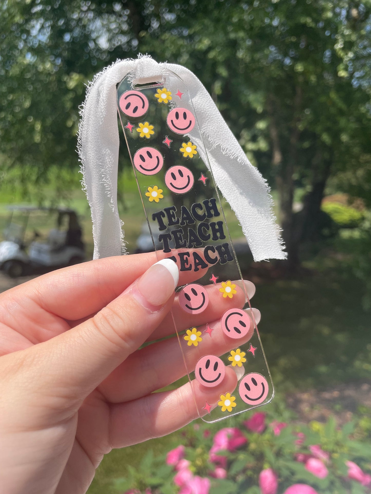Teaching Smiley Face and Flowers Clear Acrylic Bookmark with Chiffon Ribbon