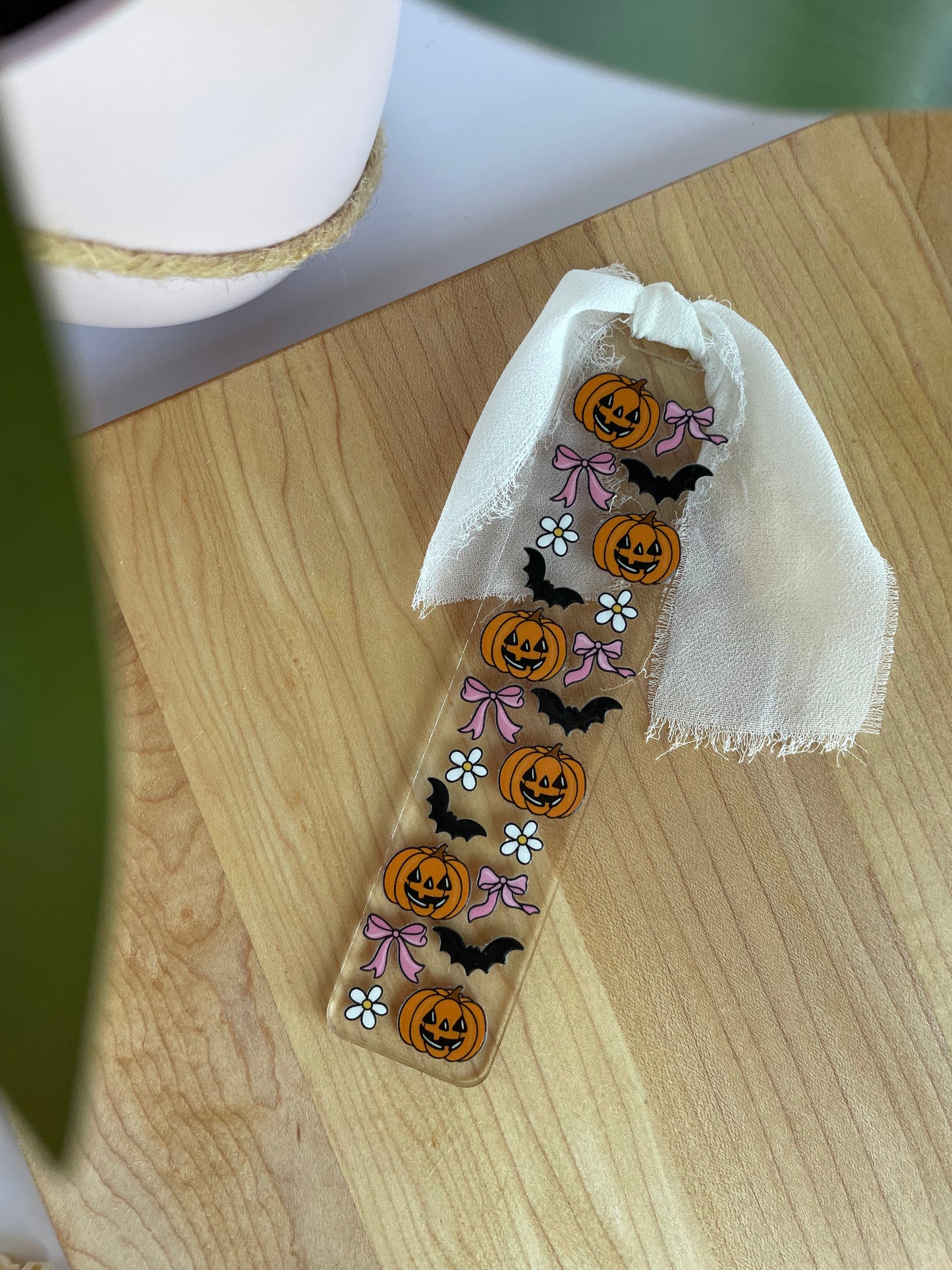 Pumpkins, Bows, and Bats Clear Acrylic bookmark with Chiffon Ribbon