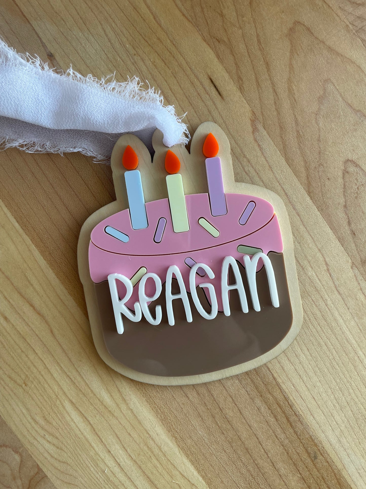 Birthday Cake Acrylic Gift Tag with Chiffon Ribbon