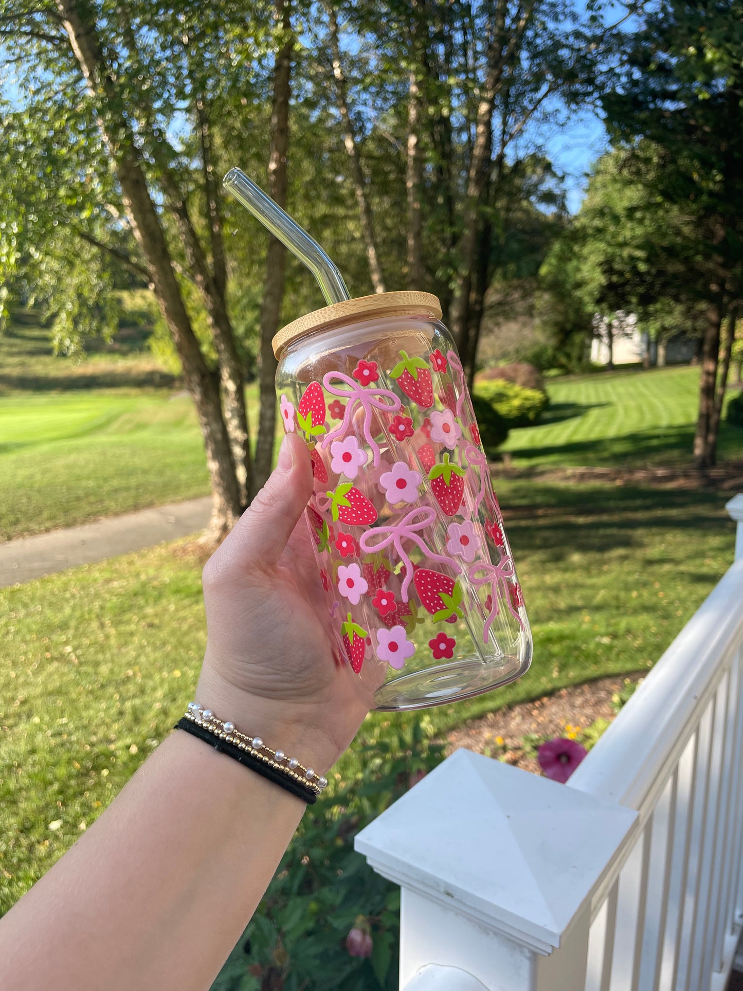 Strawberries and Pink Bows Cute Glass Cup with Bamboo Lid and Glass Straw