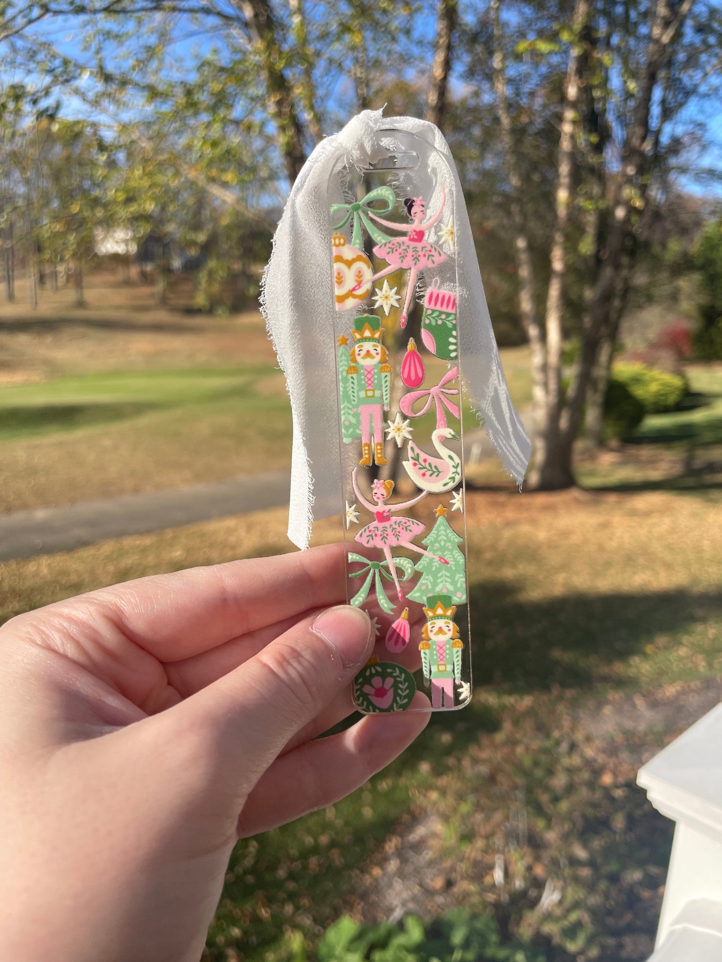 Beautiful Nutcrackers and Ornaments Clear Acrylic Bookmark with Chiffon Ribbon