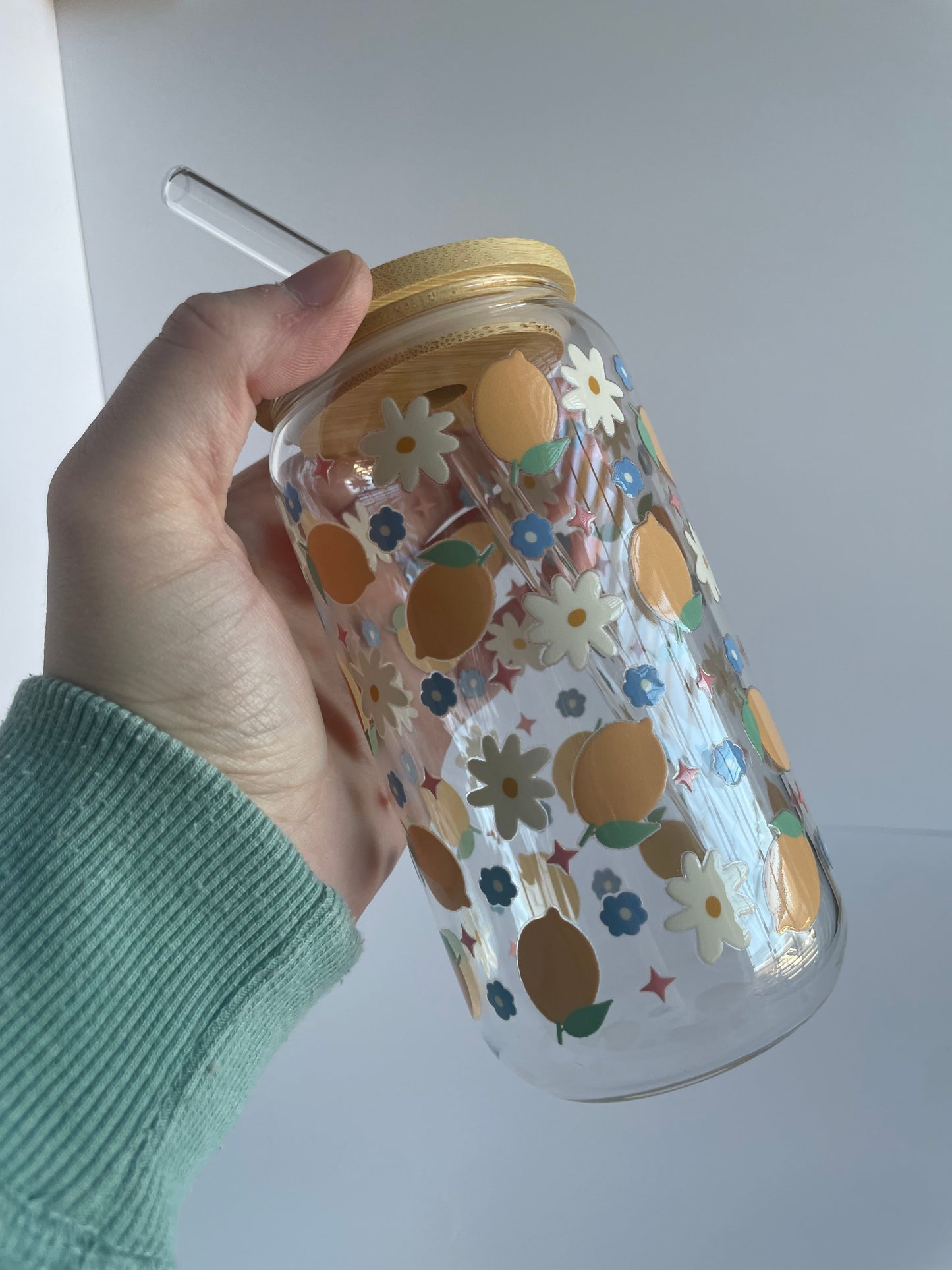 Flowers and Lemons Glass Cup with Bamboo Lid and Glass Straw