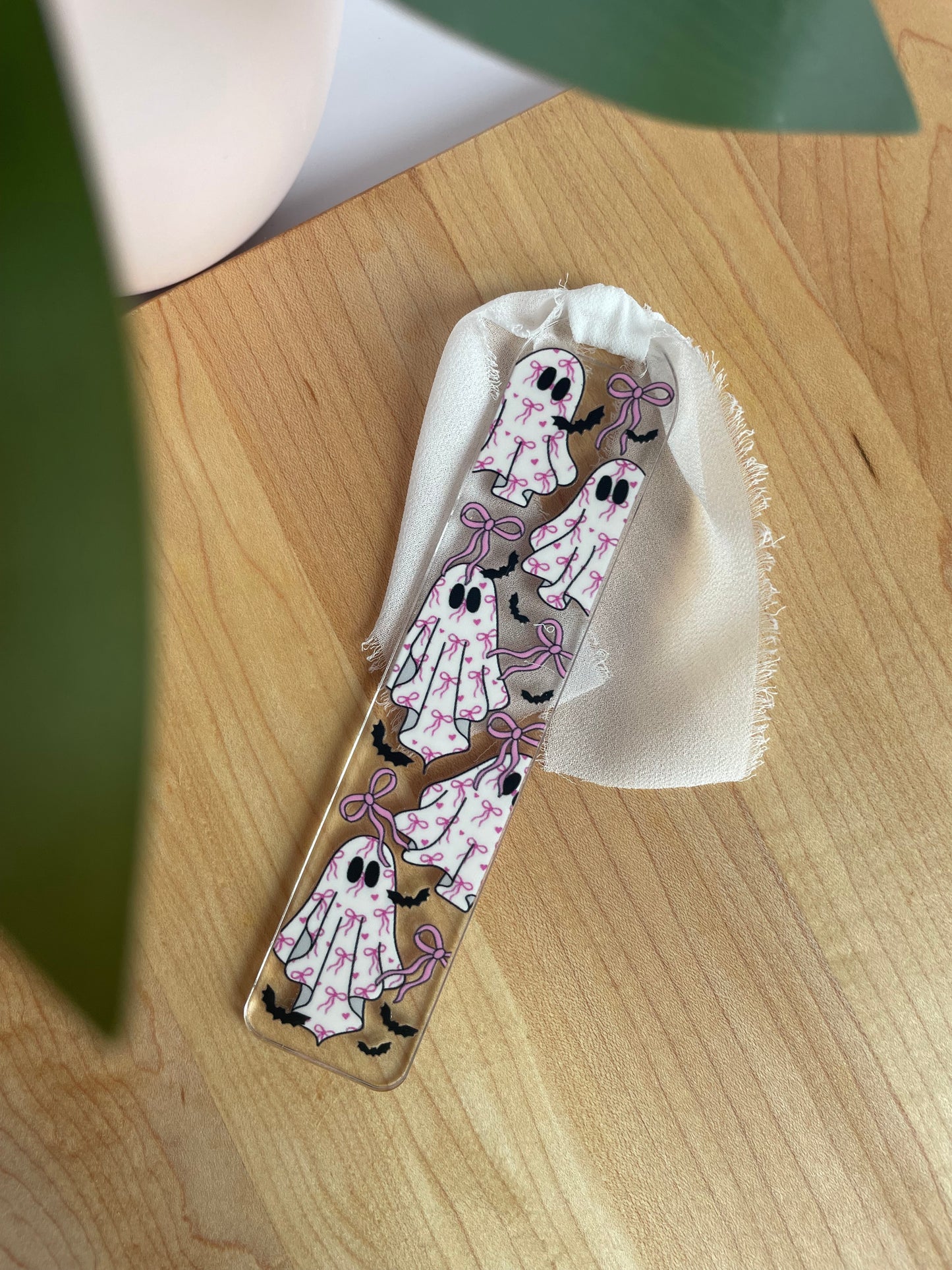 Beautiful Bow Ghosts Clear Acrylic Bookmark with Chiffon Ribbon