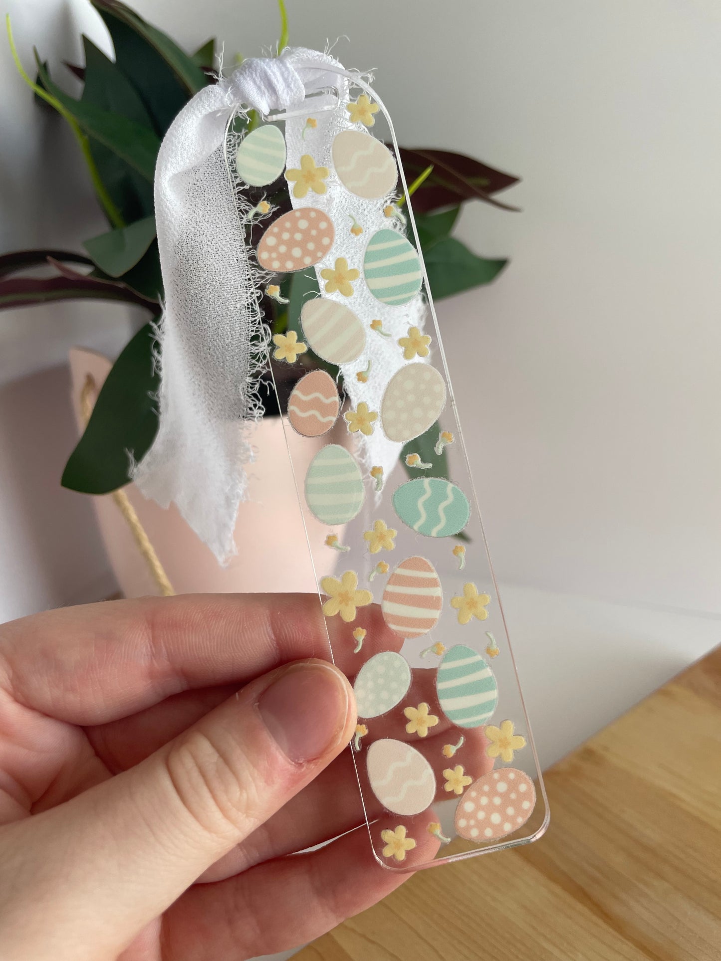 Pastel Easter Eggs Clear Acrylic Bookmark with Chiffon Ribbon