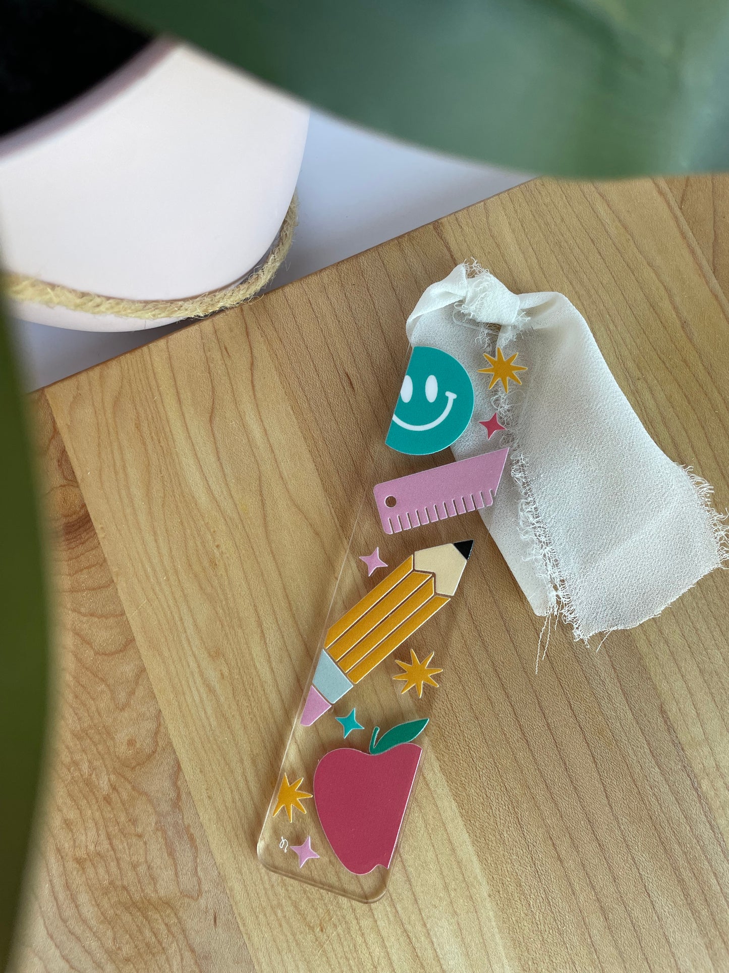 Teacher Supplies Clear Acrylic Bookmark with Chiffon Ribbon