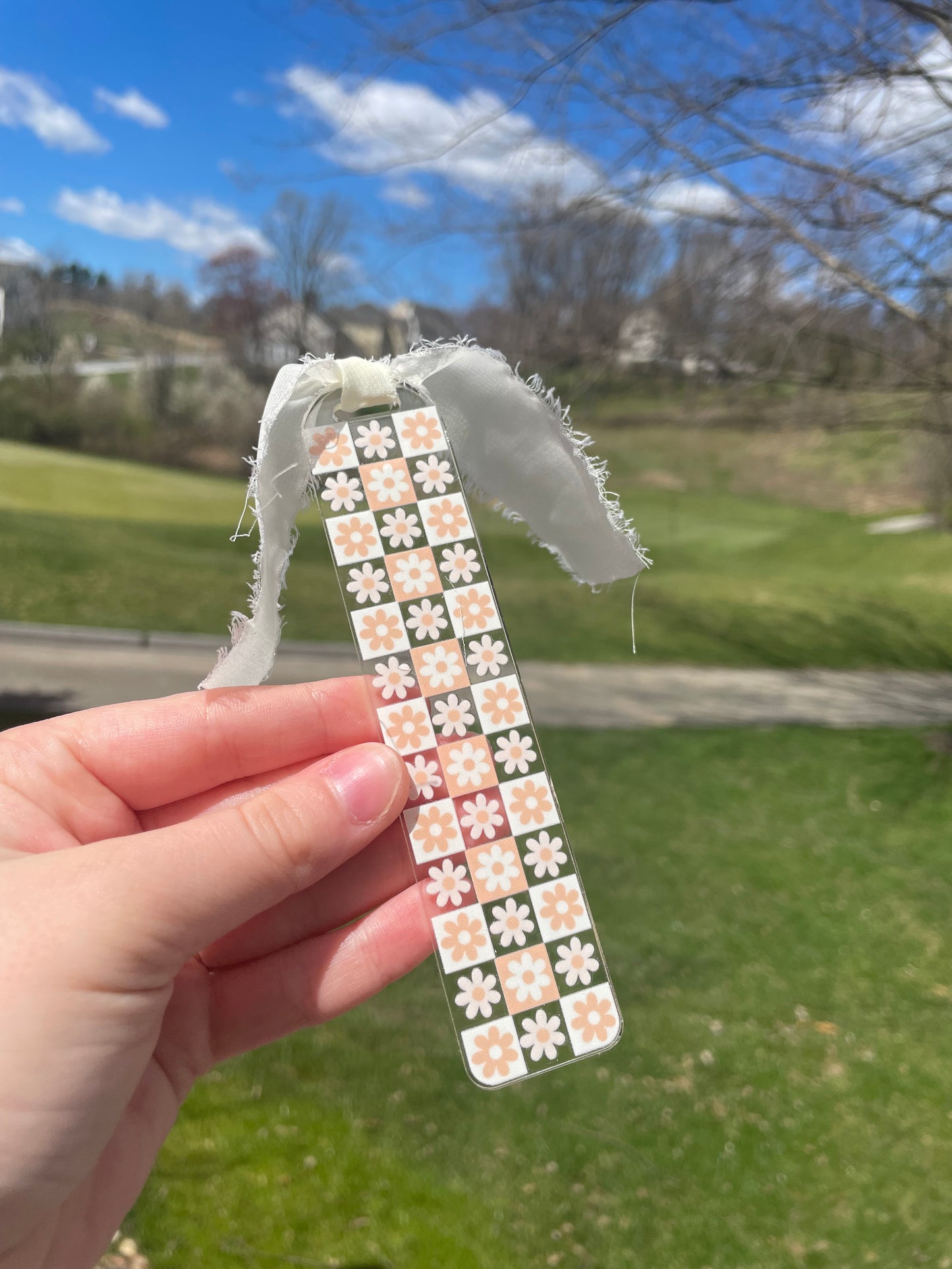 Orange and White Checkered Flowers Clear Acrylic Bookmark with Chiffon Ribbon