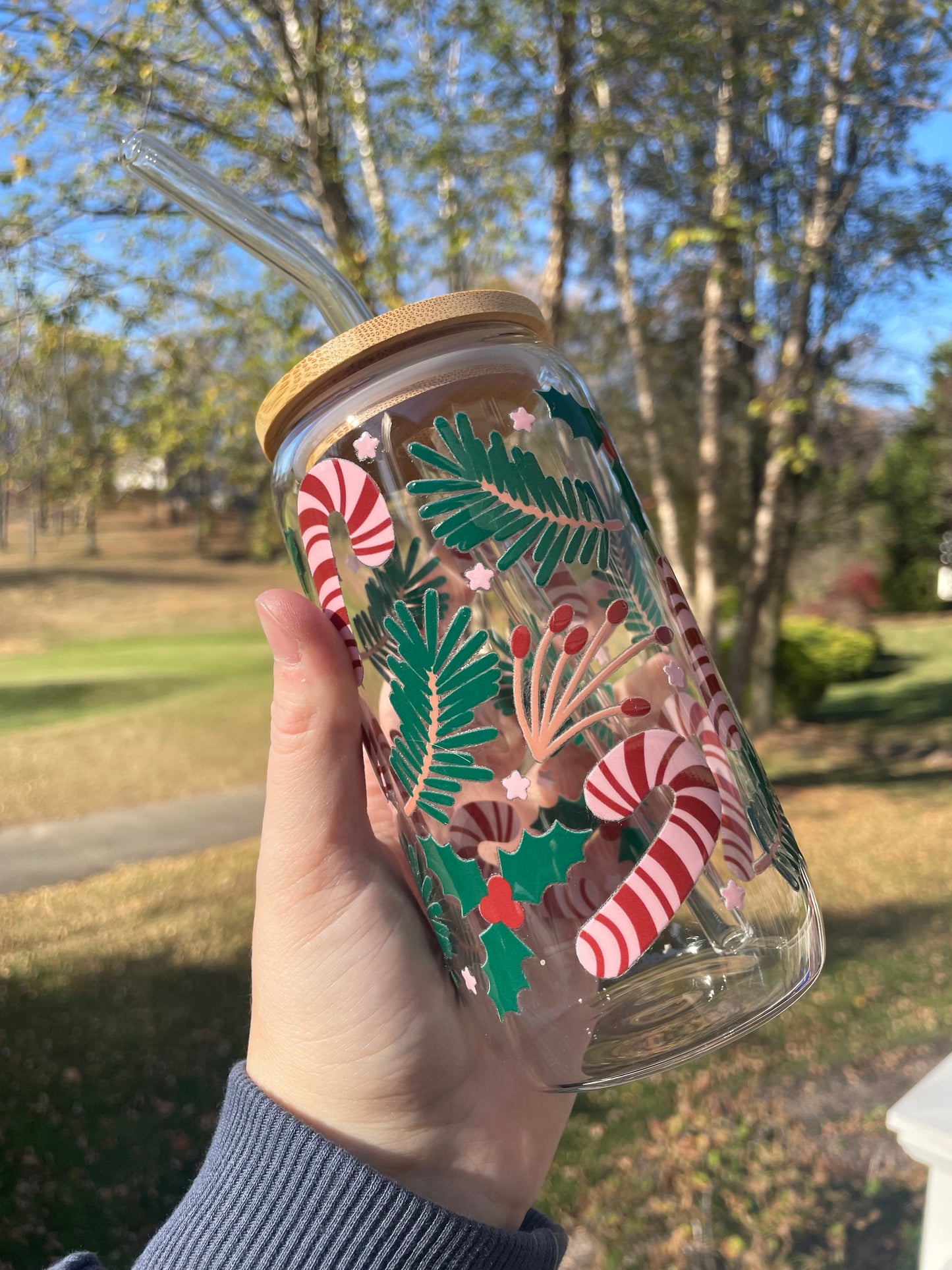 Candy Canes and Greenery Holiday Glass Cup with Bamboo Lid and Glass Straw