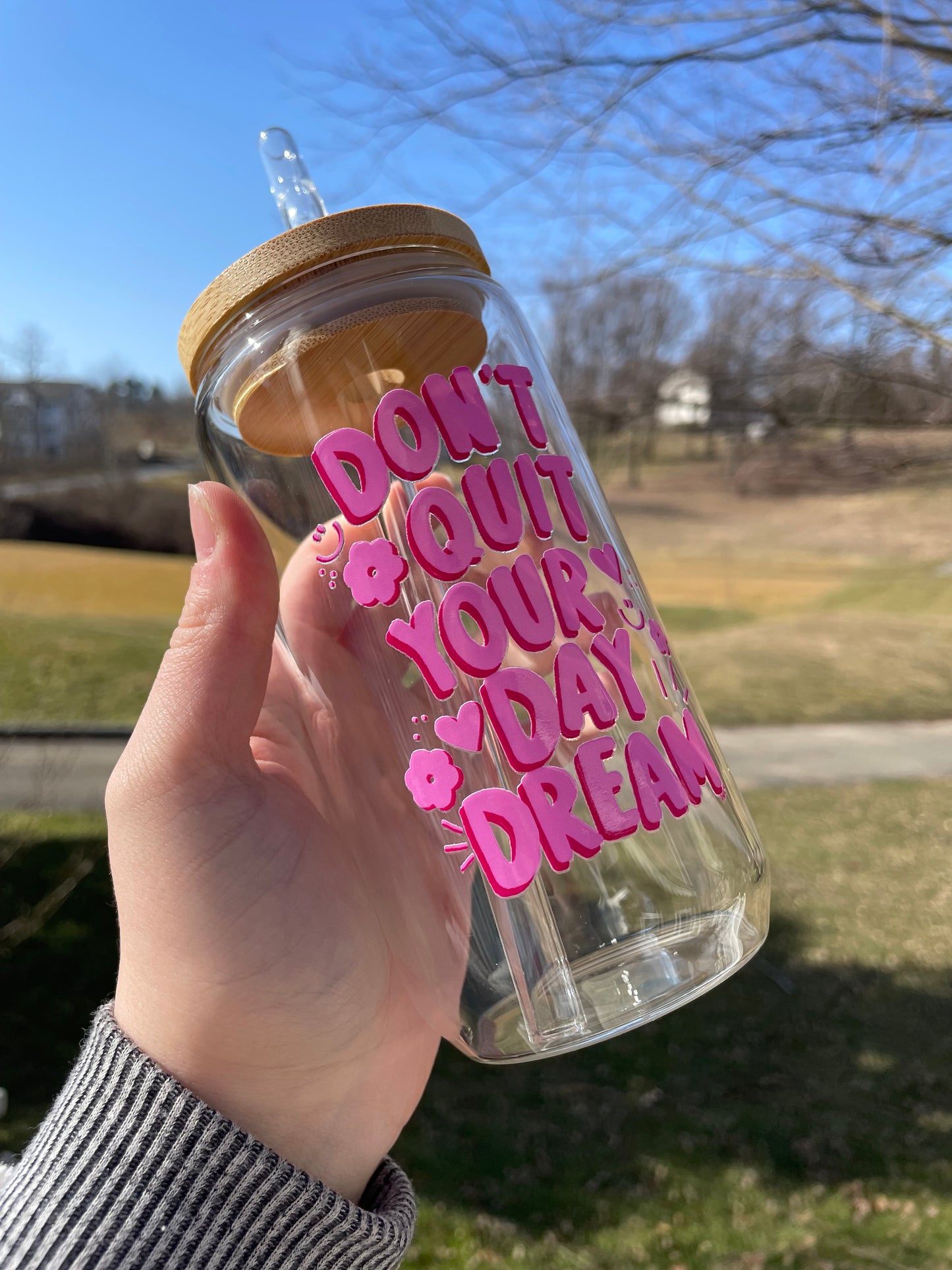Don’t Quit Your Daydream Doodles Glass Cup with Bamboo Lid and Glass Straw
