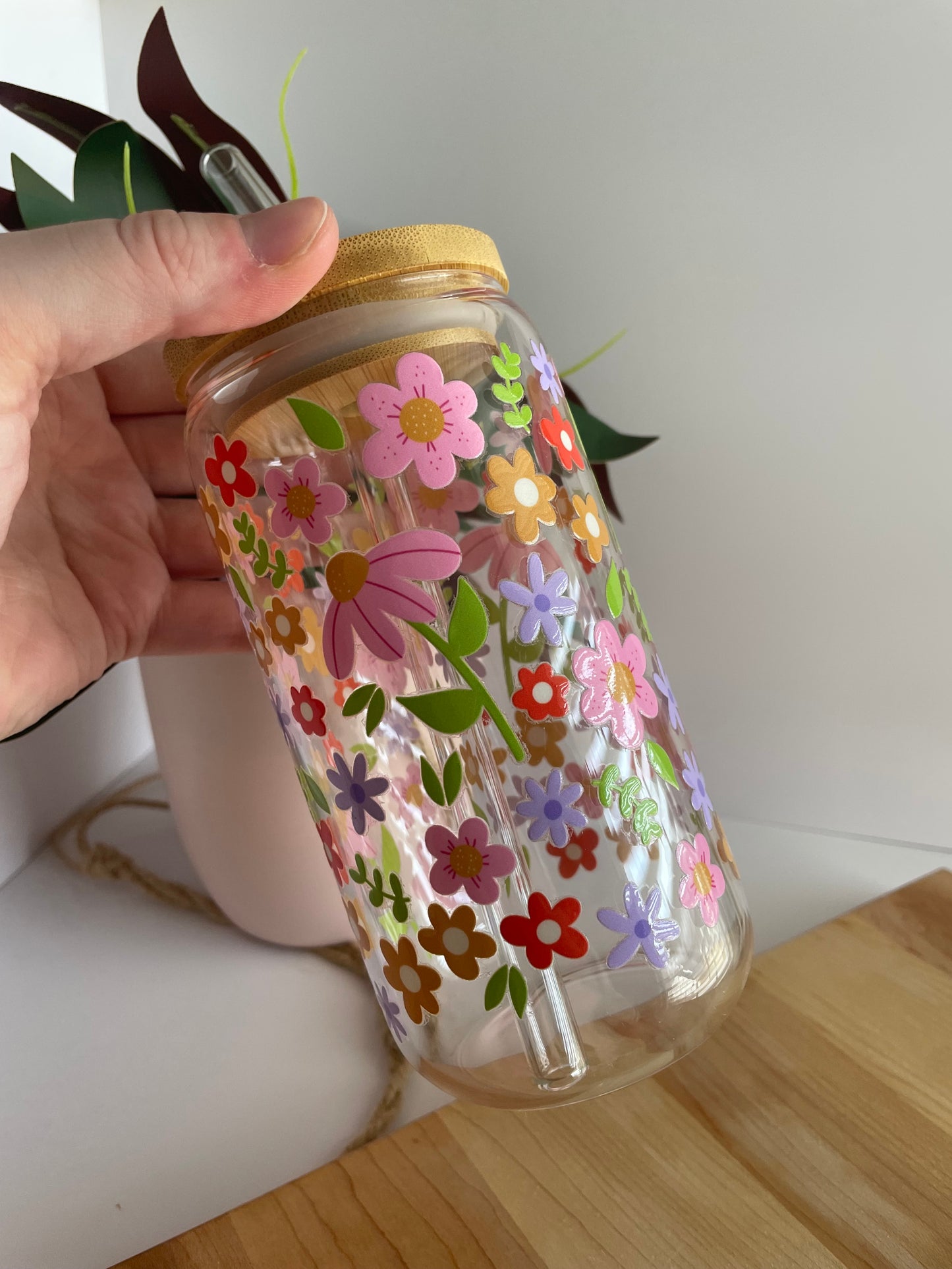 Spring Florals Glass Cup with Bamboo Lid and Glass Straw