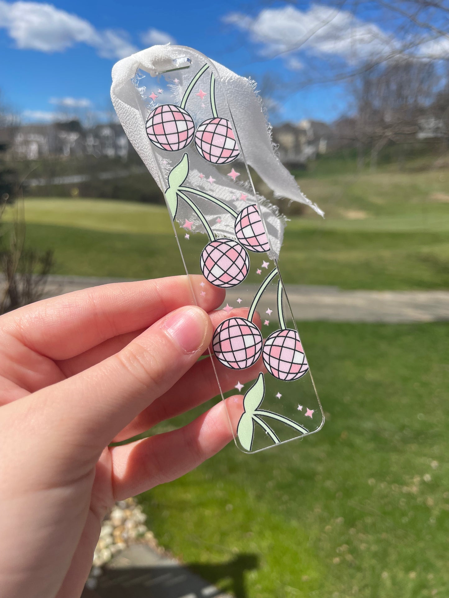 Disco Ball Cherries Clear Acrylic Bookmark with Chiffon Ribbon