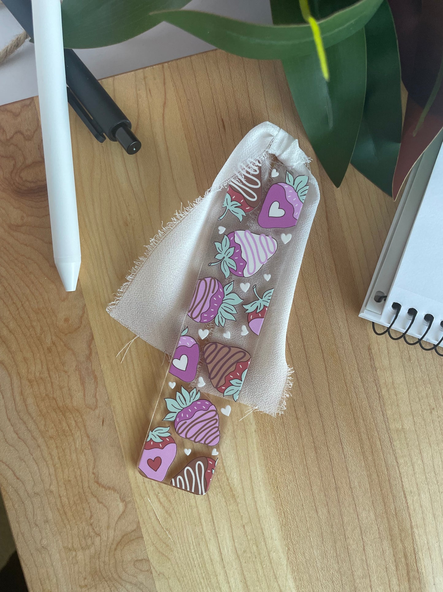 Chocolate Covered Strawberries Clear Acrylic Bookmark with Chiffon Ribbon