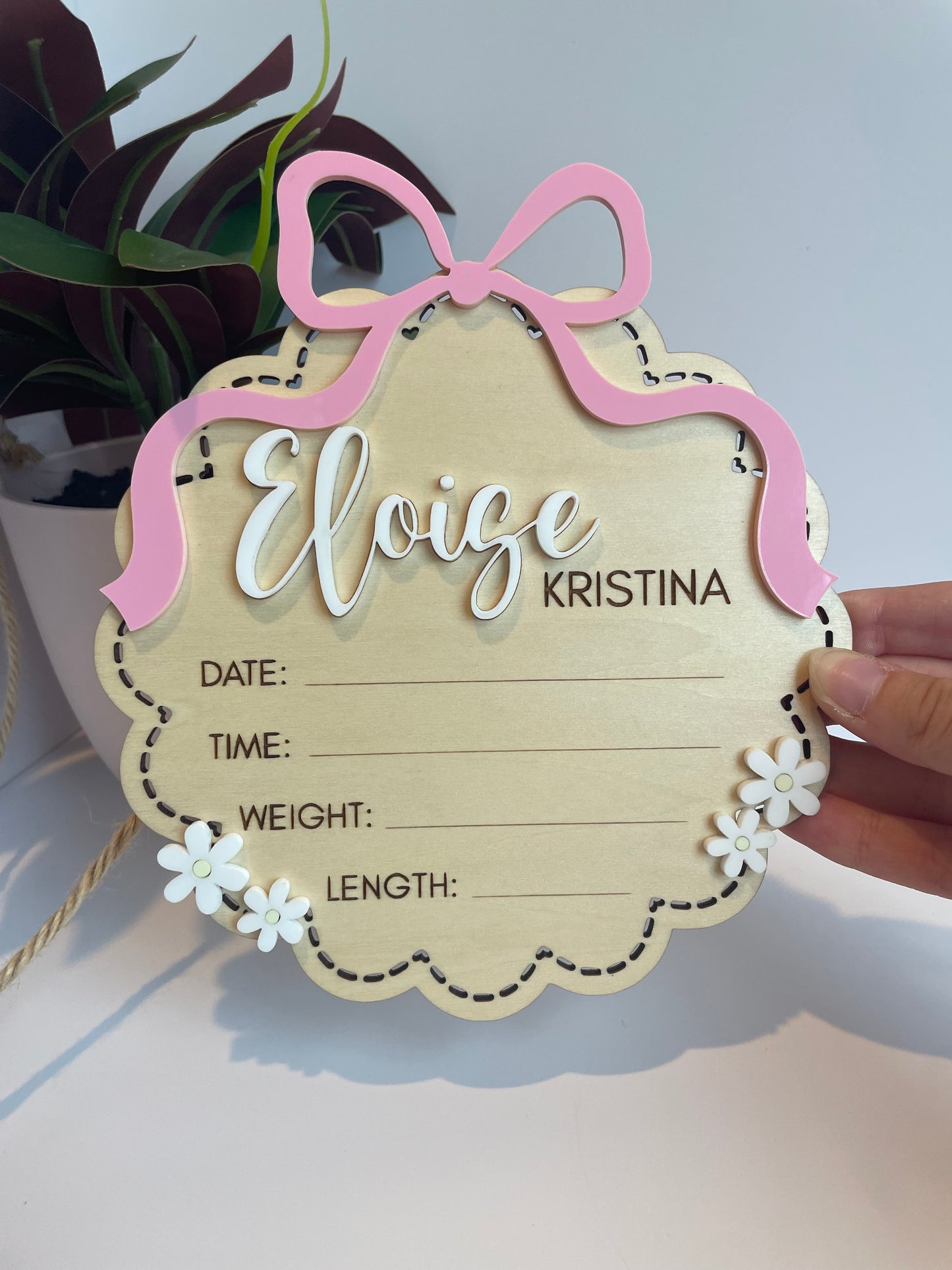 Custom Bow and Flowers Baby Announcement Sign