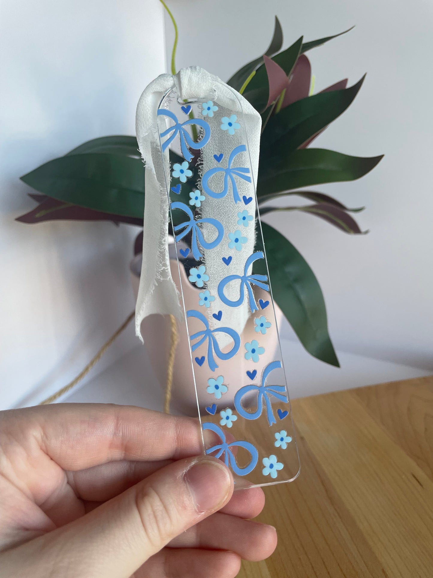 Pretty Blue Bows Clear Acrylic Bookmark with Chiffon Ribbon