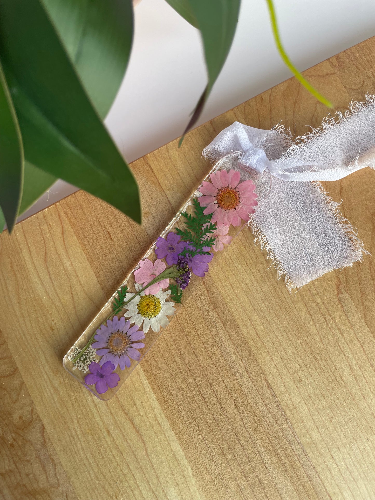 Pink and Purple Dried Flowers Clear Acrylic Bookmark with Chiffon Ribbon