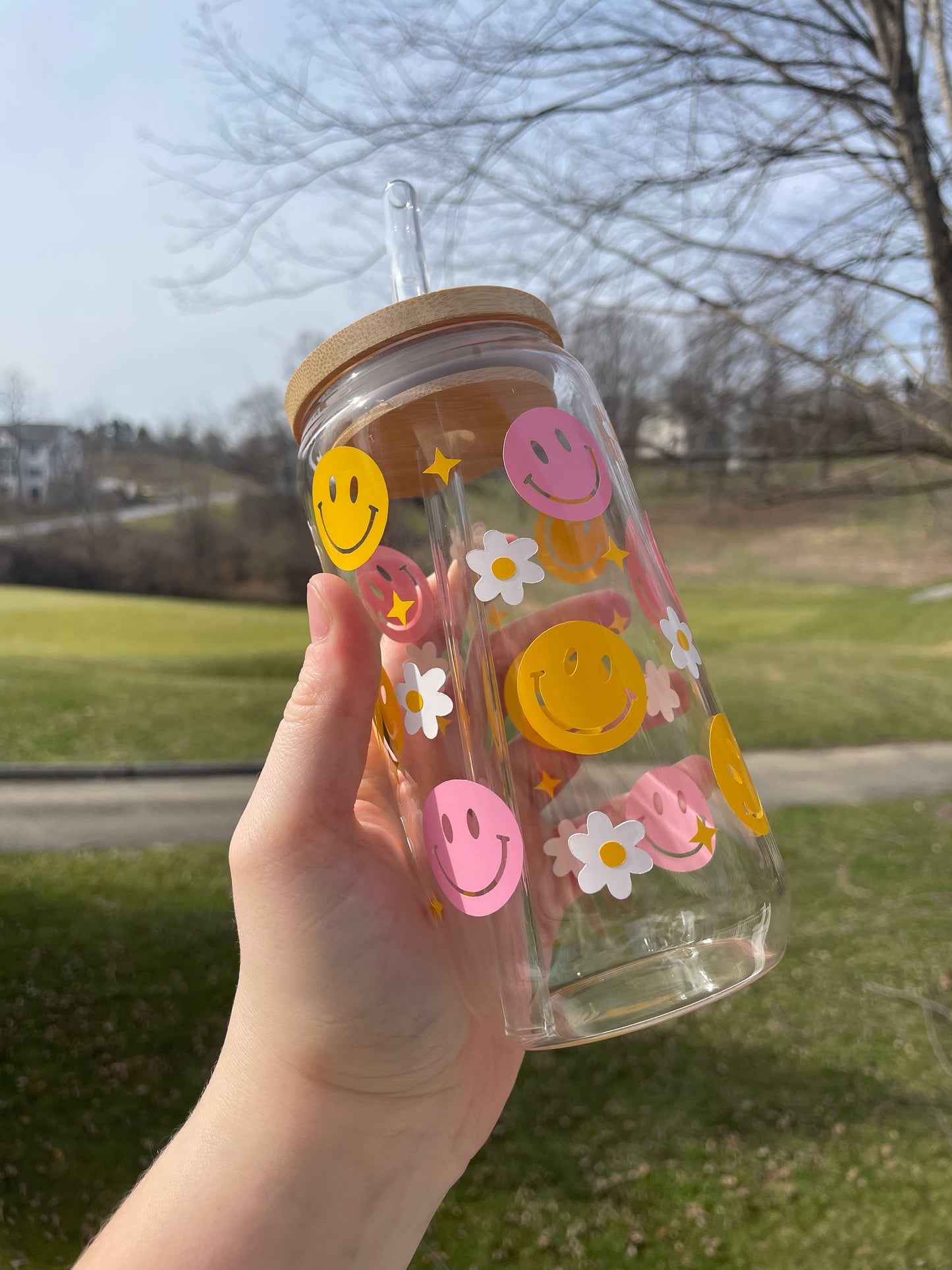 Pink and Yellow Smiley Faces and Daises Glass Cup with Bamboo Lid and Glass Straw